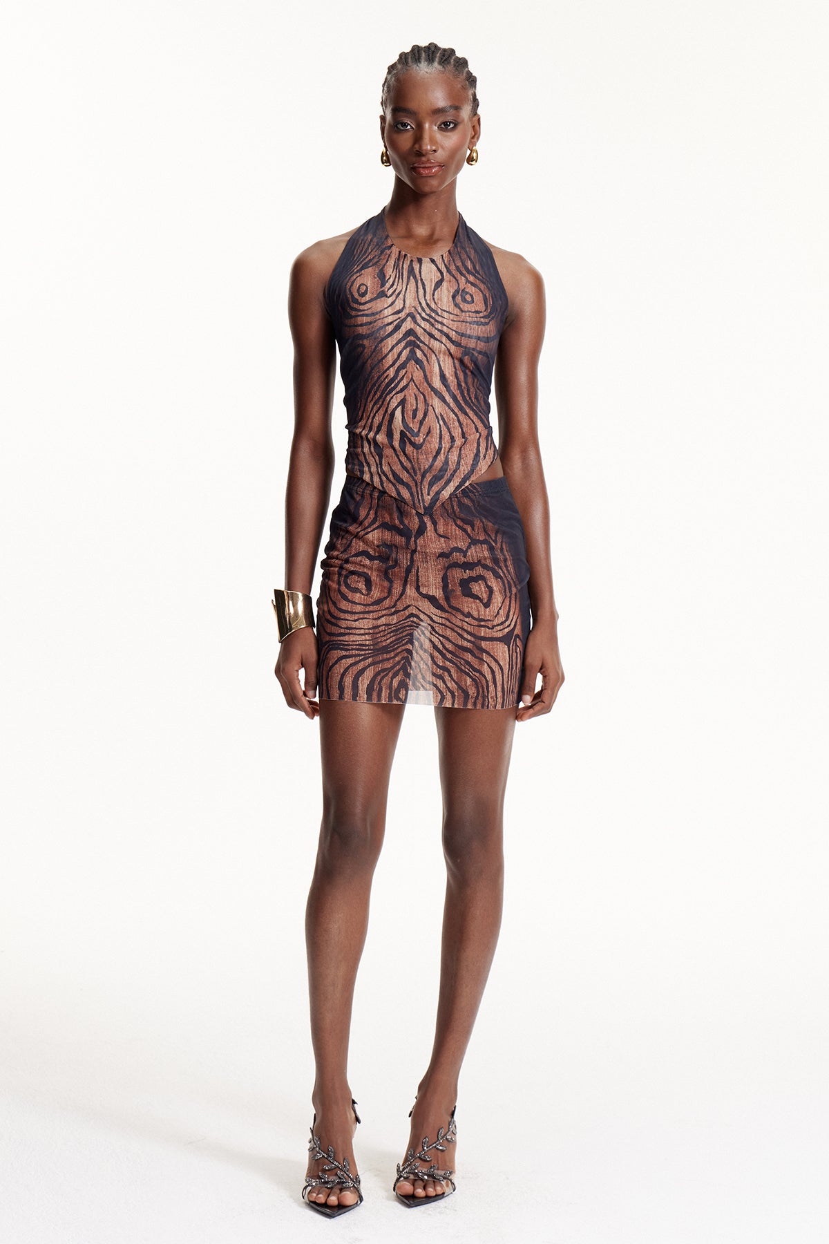 Elo Asymmetric Stripe Mesh Mini Dress