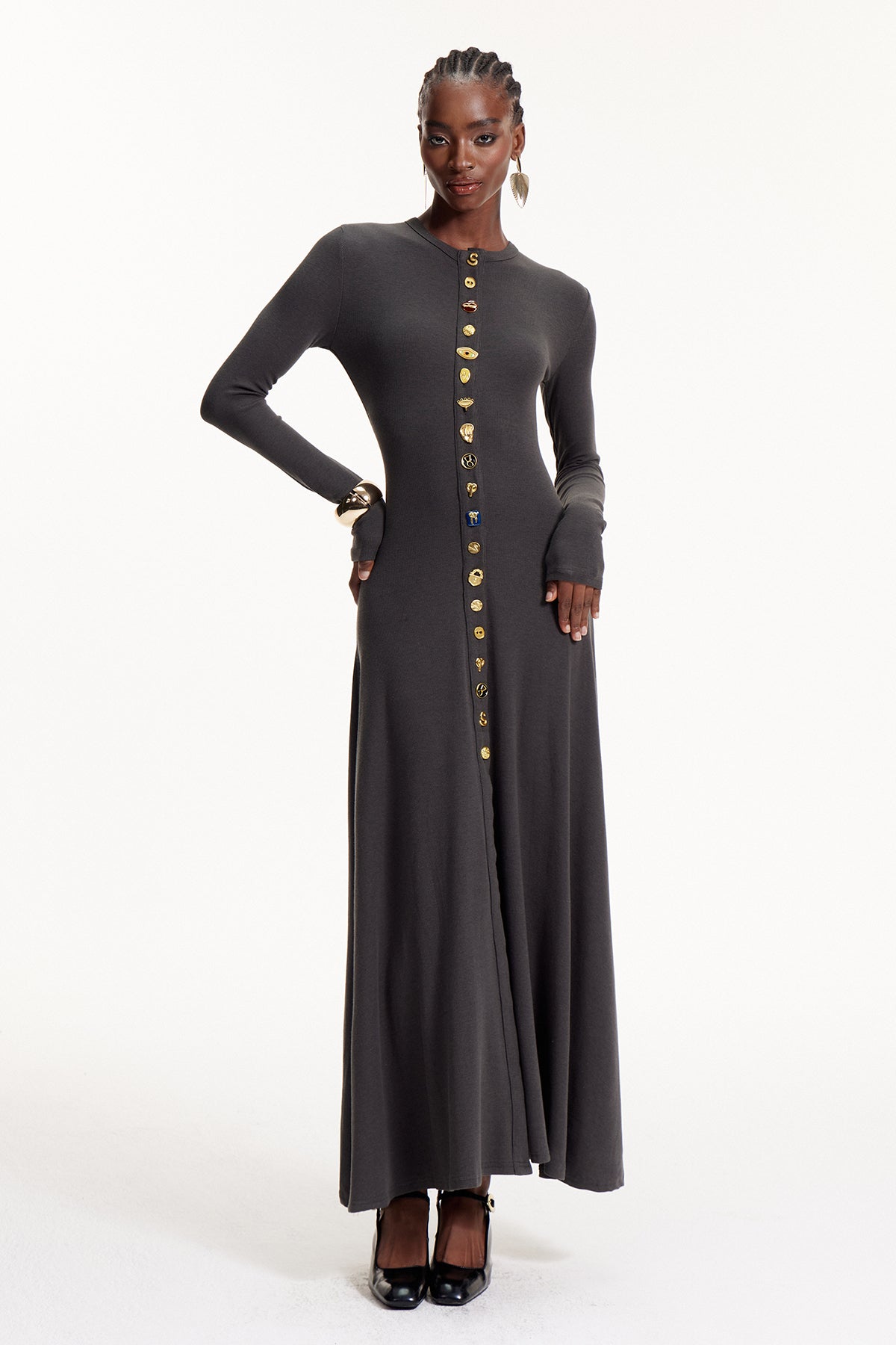 Elodie Button Ruffle Maxi Dress In Grey