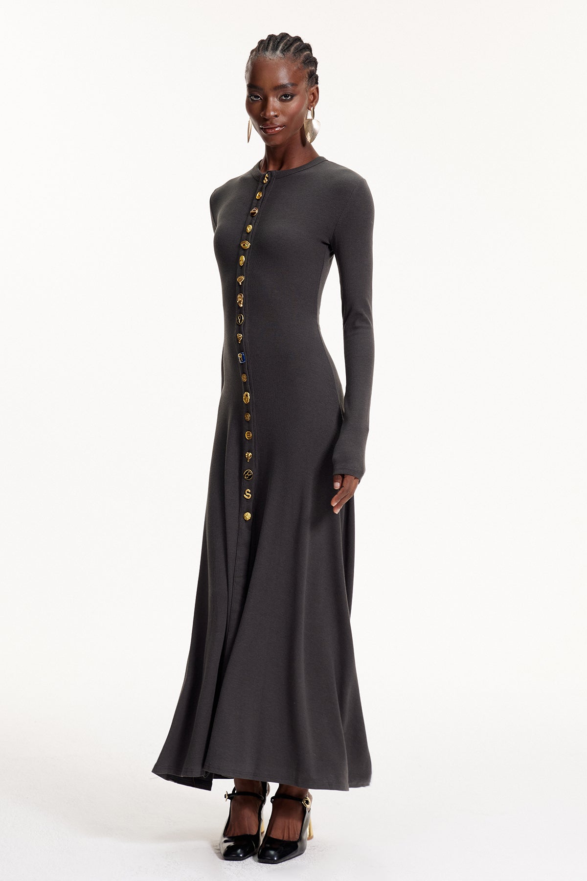 Elodie Button Ruffle Maxi Dress In Grey