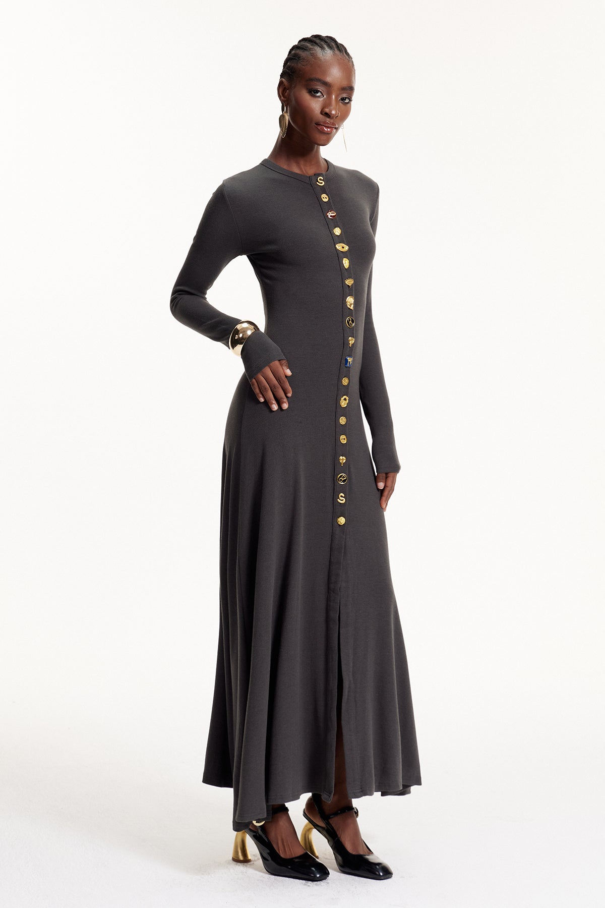 Elodie Button Ruffle Maxi Dress In Grey