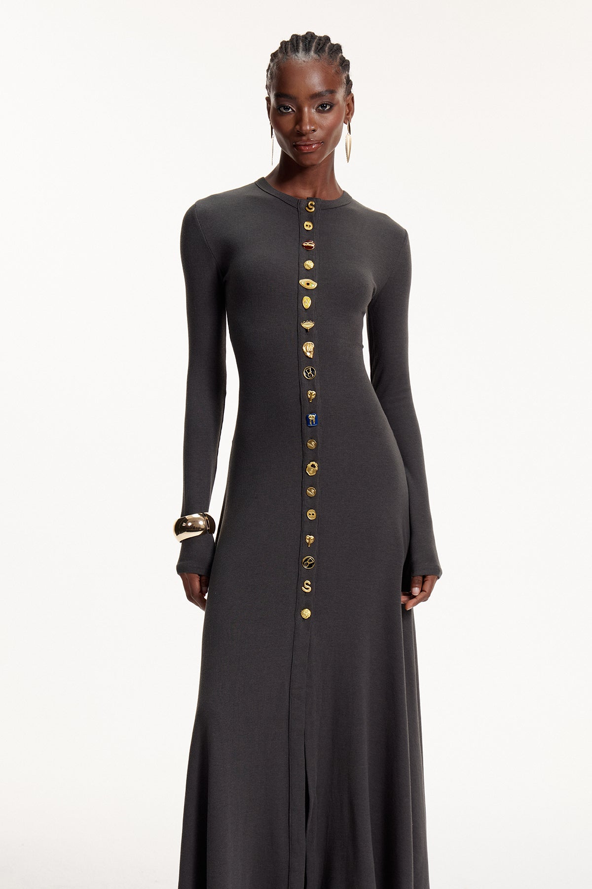 Elodie Button Ruffle Maxi Dress In Grey