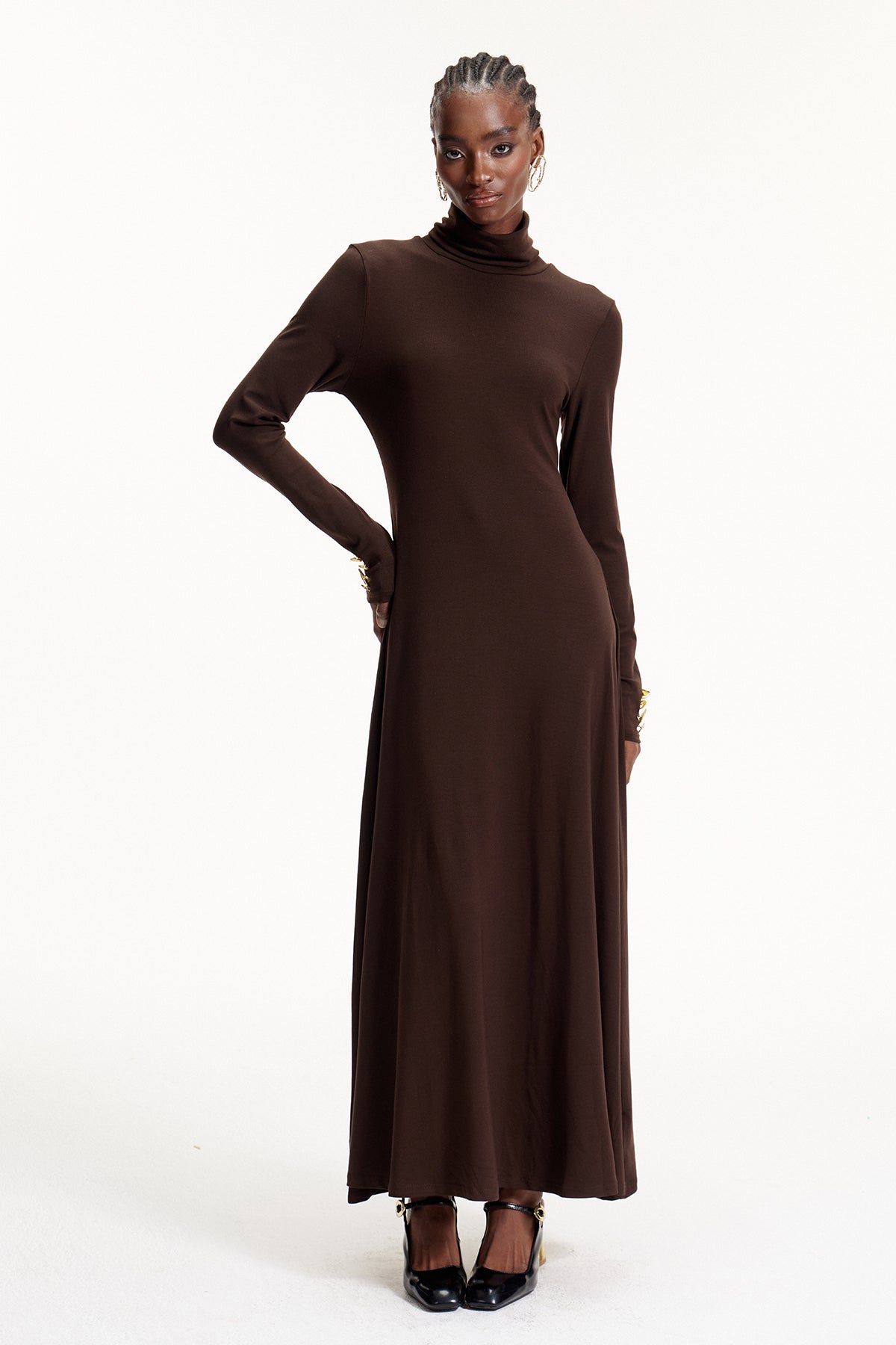 Elodie High Neck Ruffle Maxi Dress In Brown