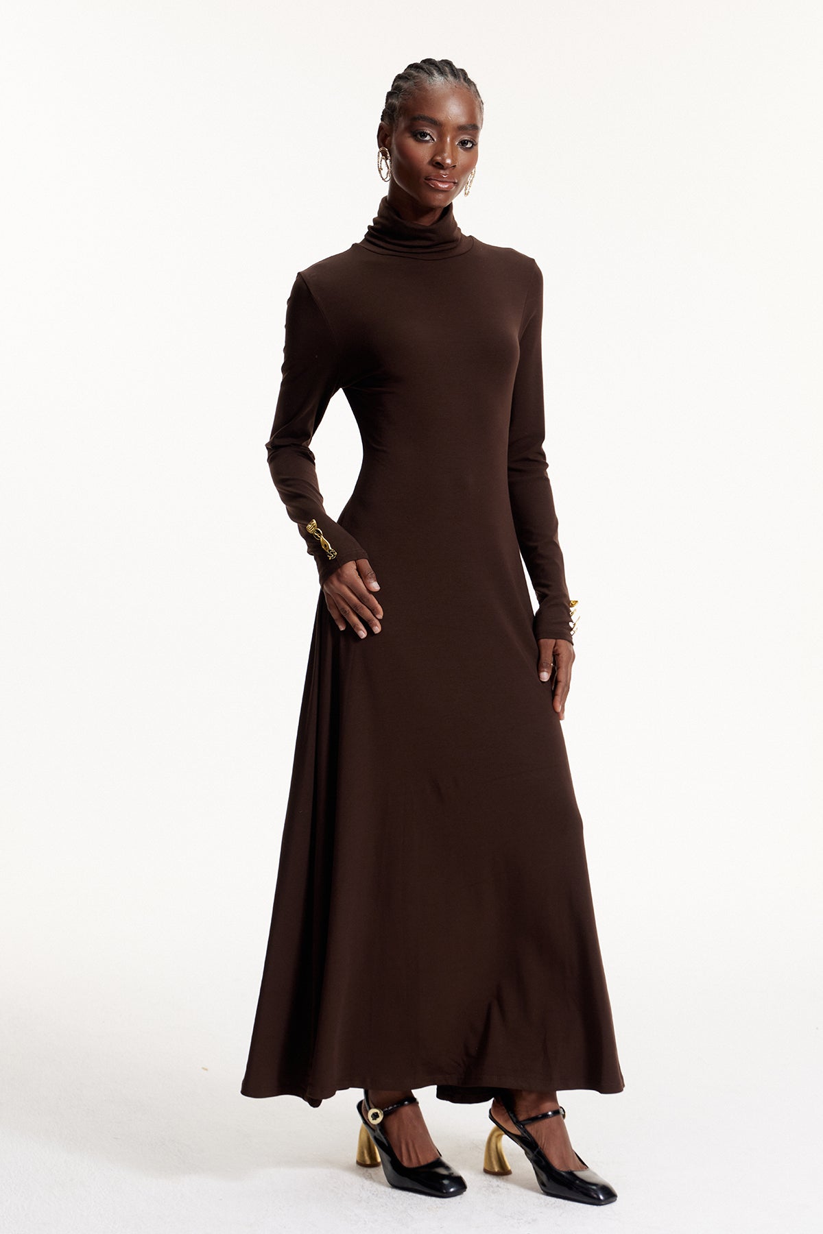 Elodie High Neck Ruffle Maxi Dress In Brown