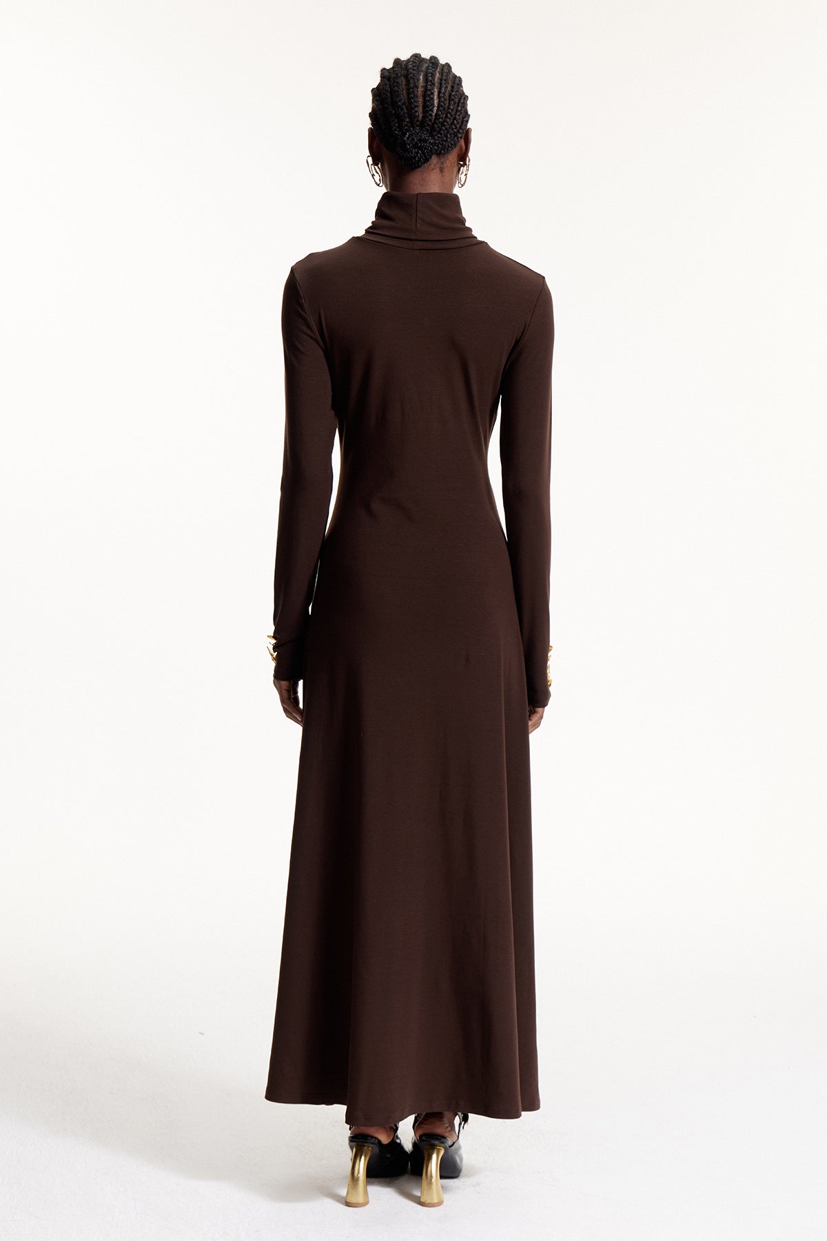 Elodie High Neck Ruffle Maxi Dress In Brown