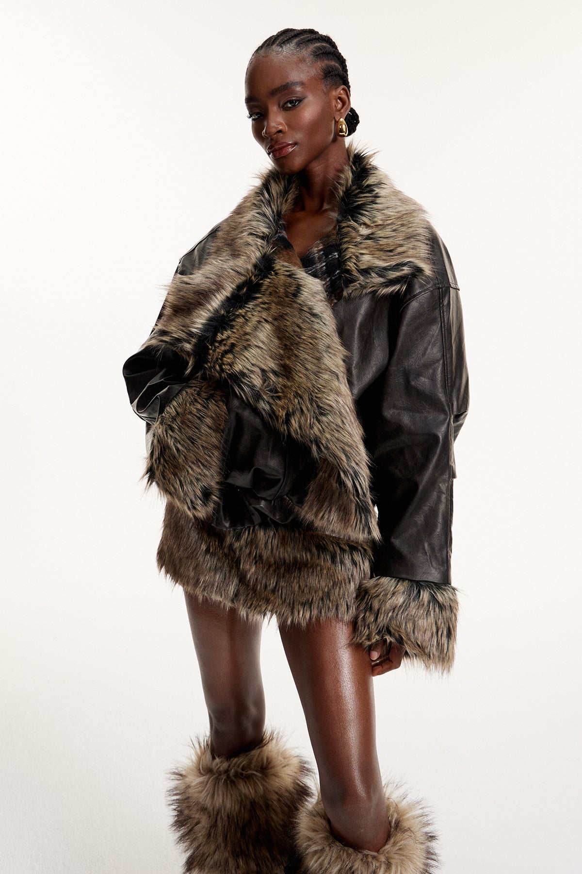 Eloisa Deconstruct Faux Fur Leather Skirt Set