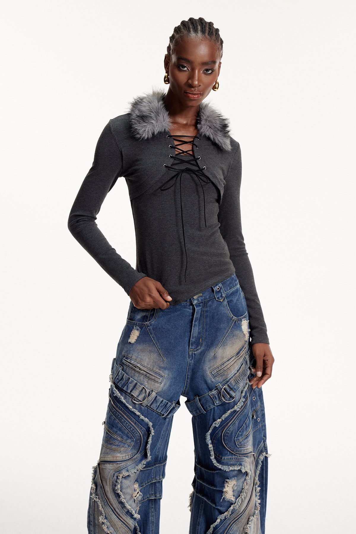 Eloise Faux Fur Lace Up Top In Grey