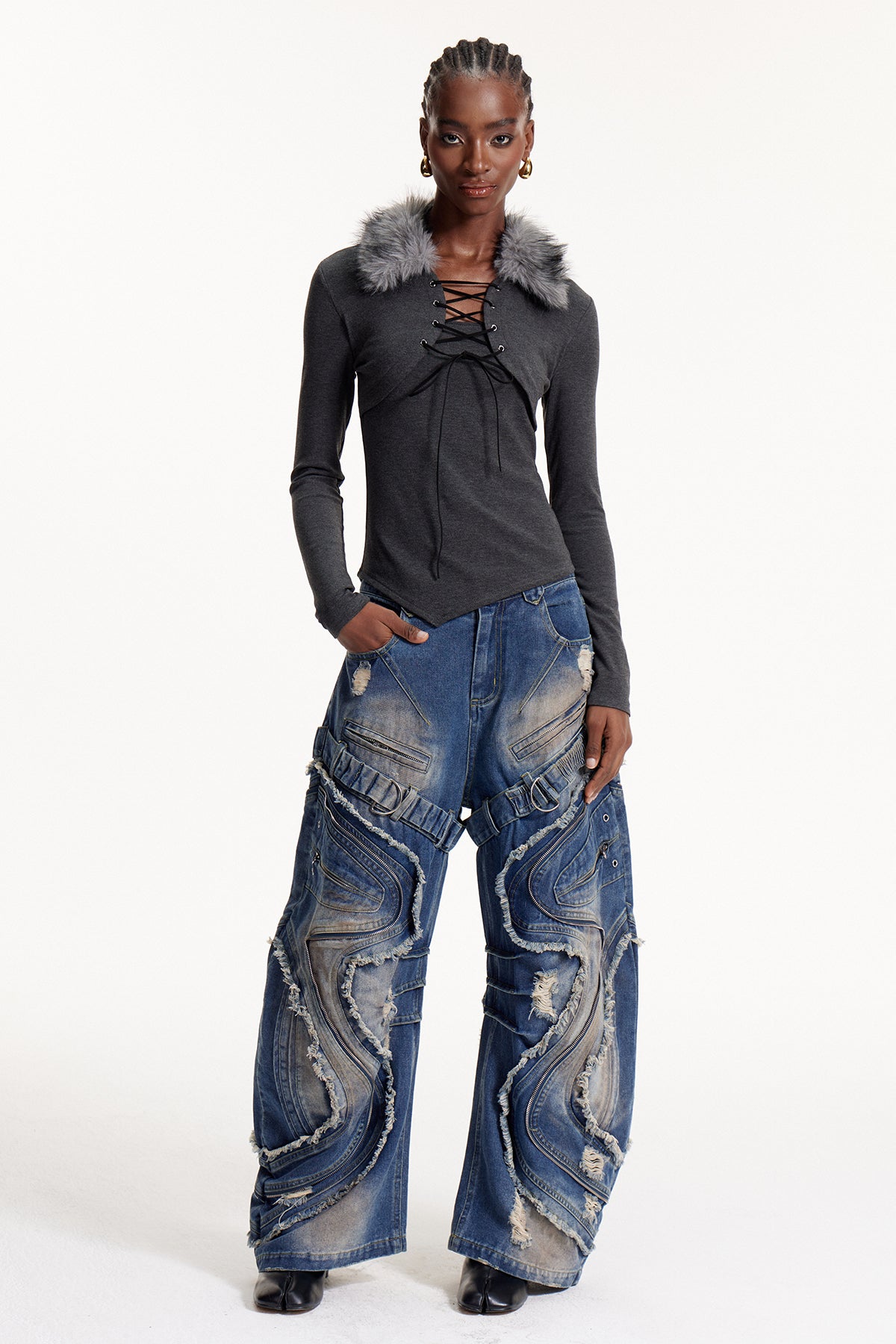 Eloise Faux Fur Lace Up Top In Grey