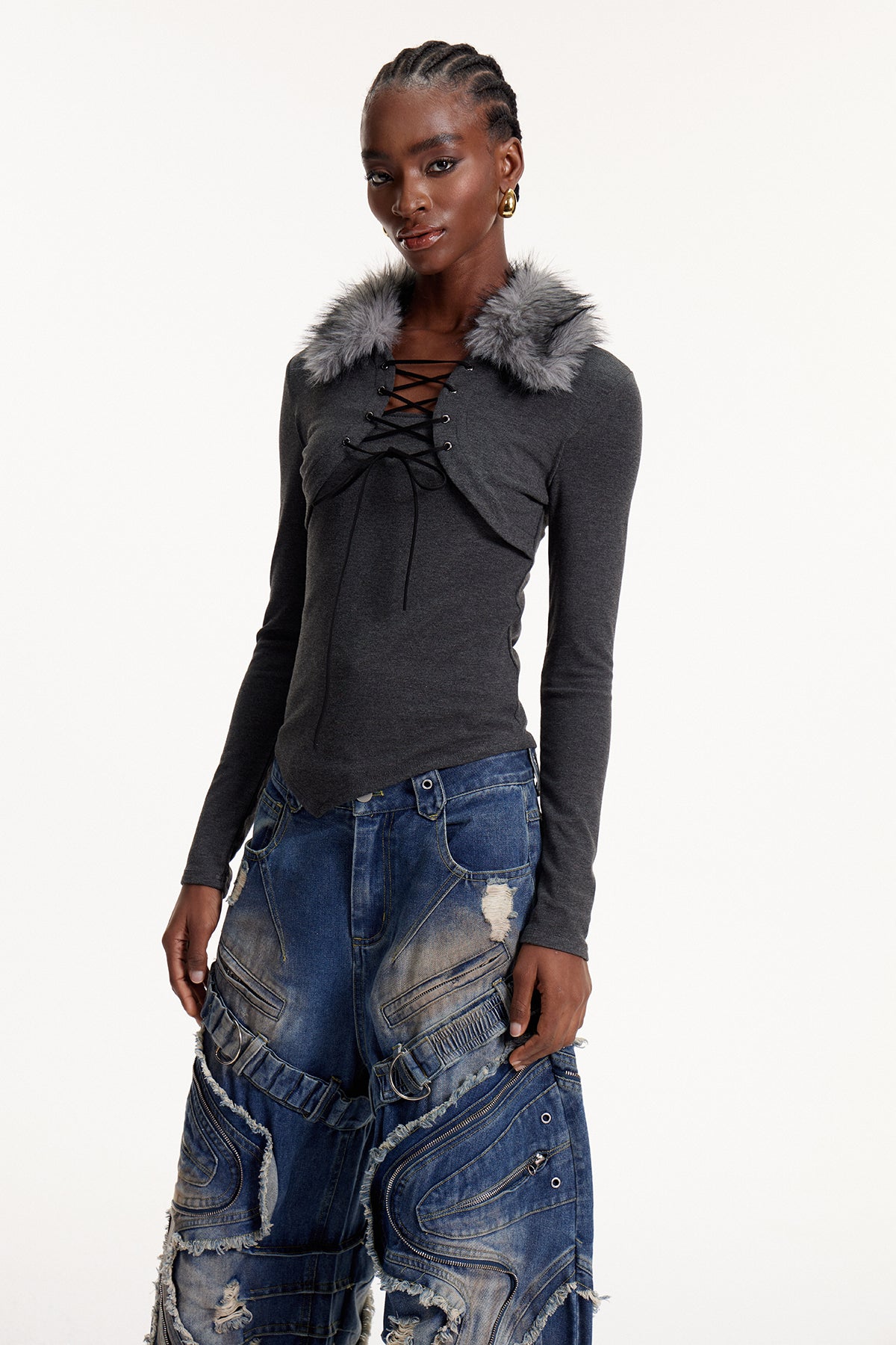 Eloise Faux Fur Lace Up Top In Grey