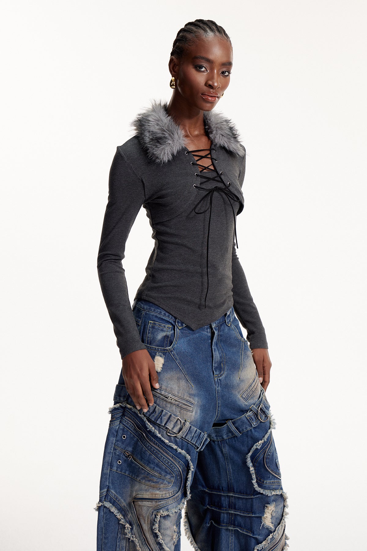 Eloise Faux Fur Lace Up Top In Grey