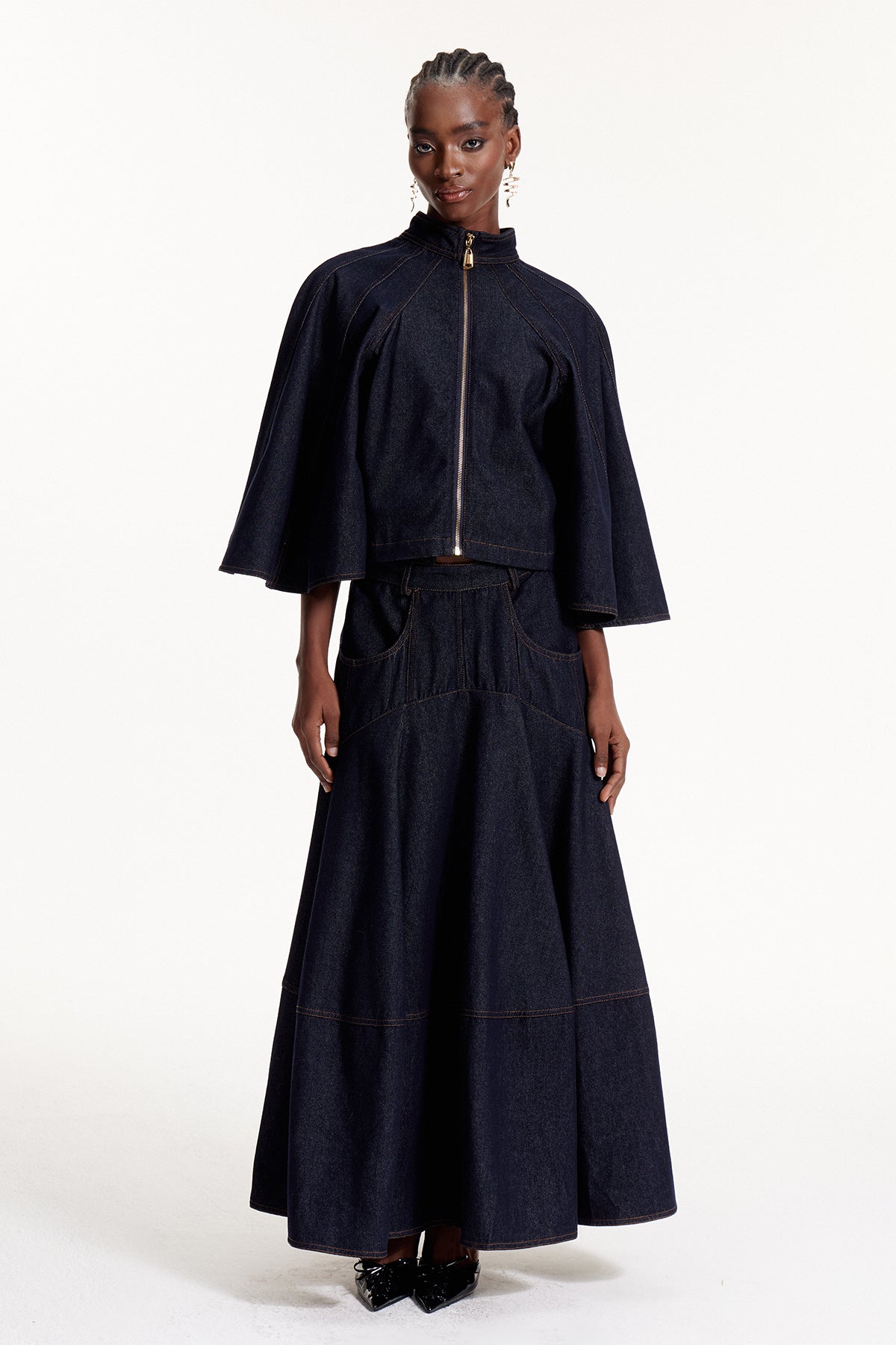 Elpidios Cape Sleeve Denim Skirt Set