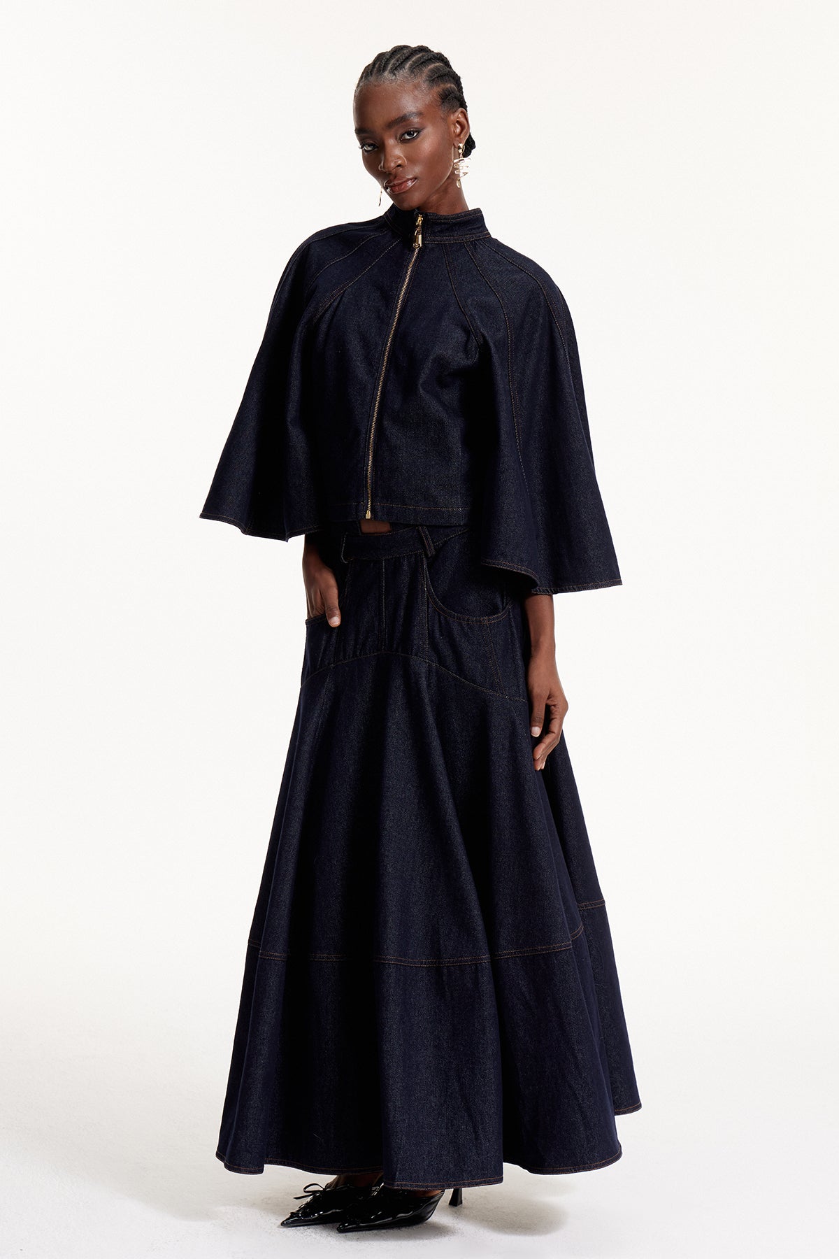 Elpidios Cape Sleeve Denim Skirt Set