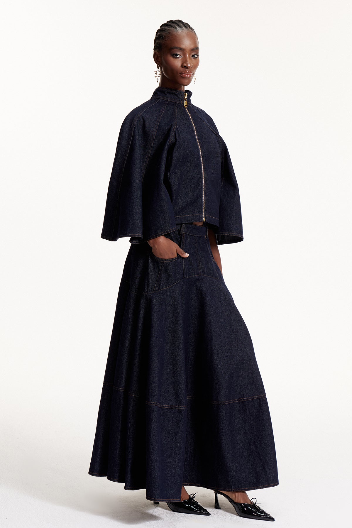 Elpidios Cape Sleeve Denim Skirt Set