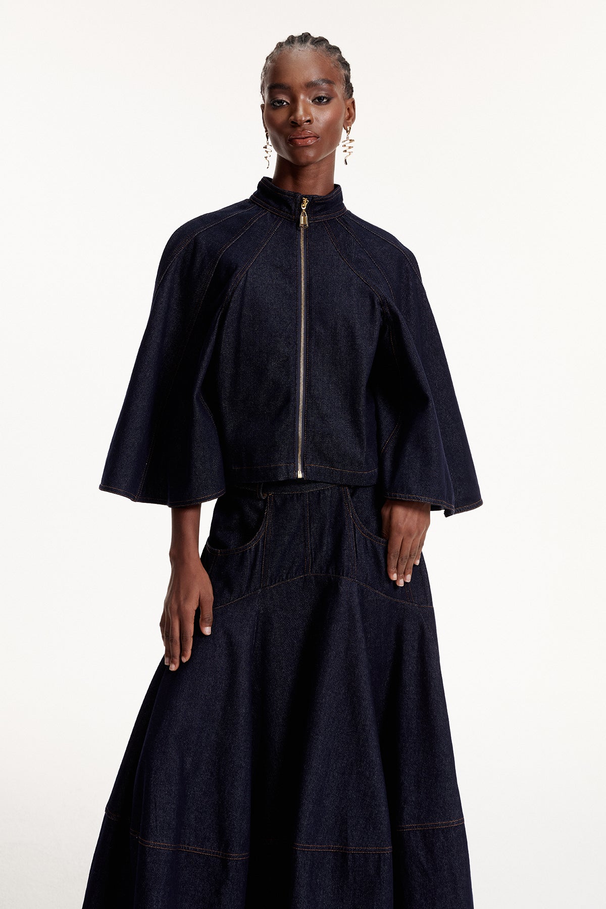 Elpidios Cape Sleeve Denim Skirt Set