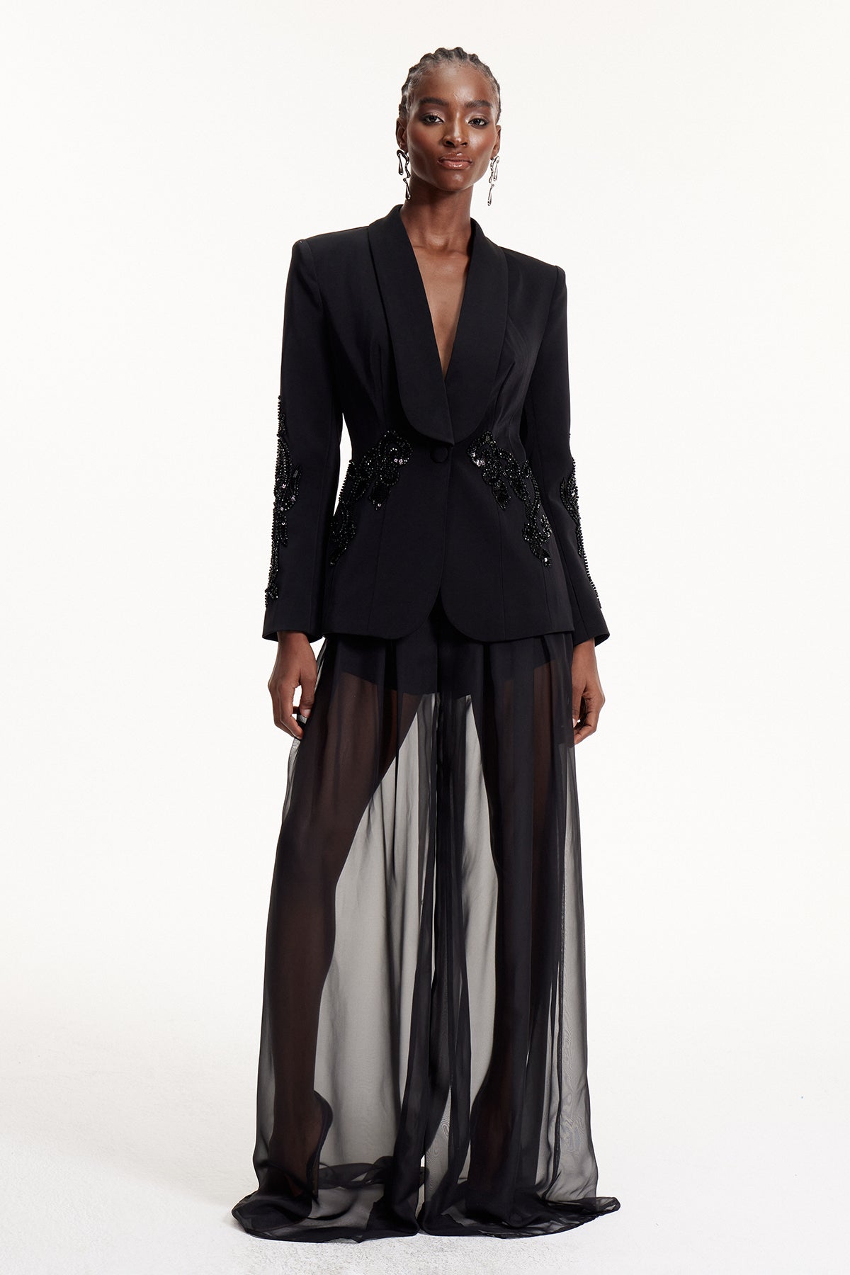 Elvia Sequin Embroidered Mesh Pants Set