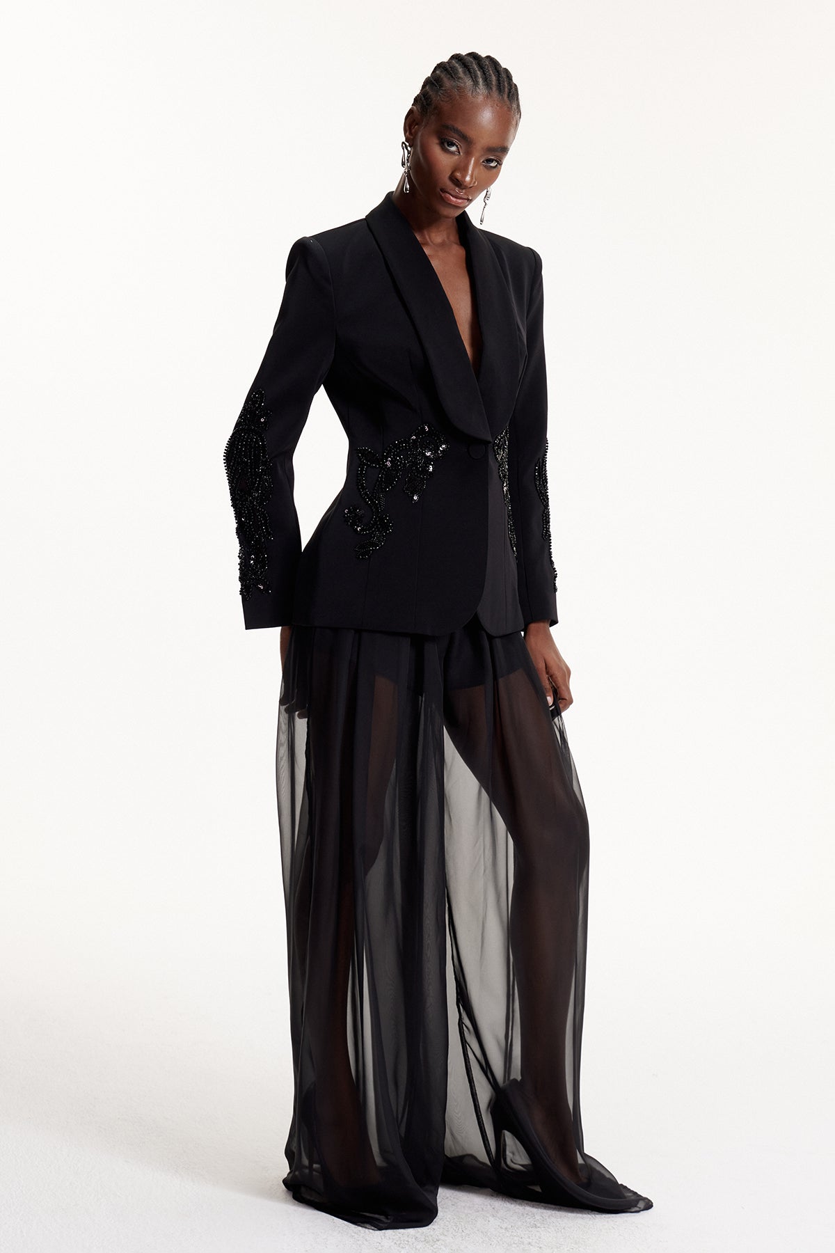 Elvia Sequin Embroidered Mesh Pants Set