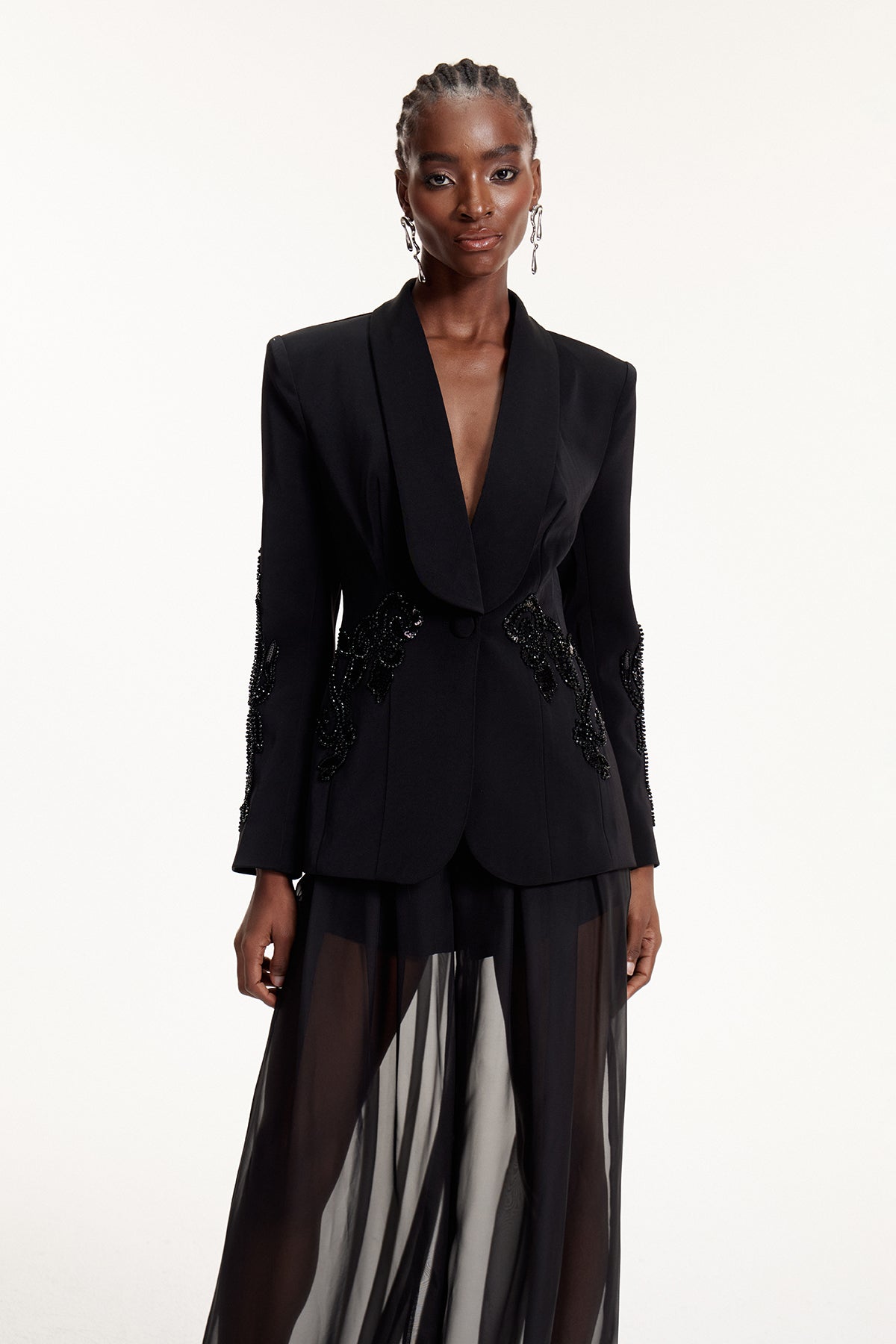 Elvia Sequin Embroidered Mesh Pants Set