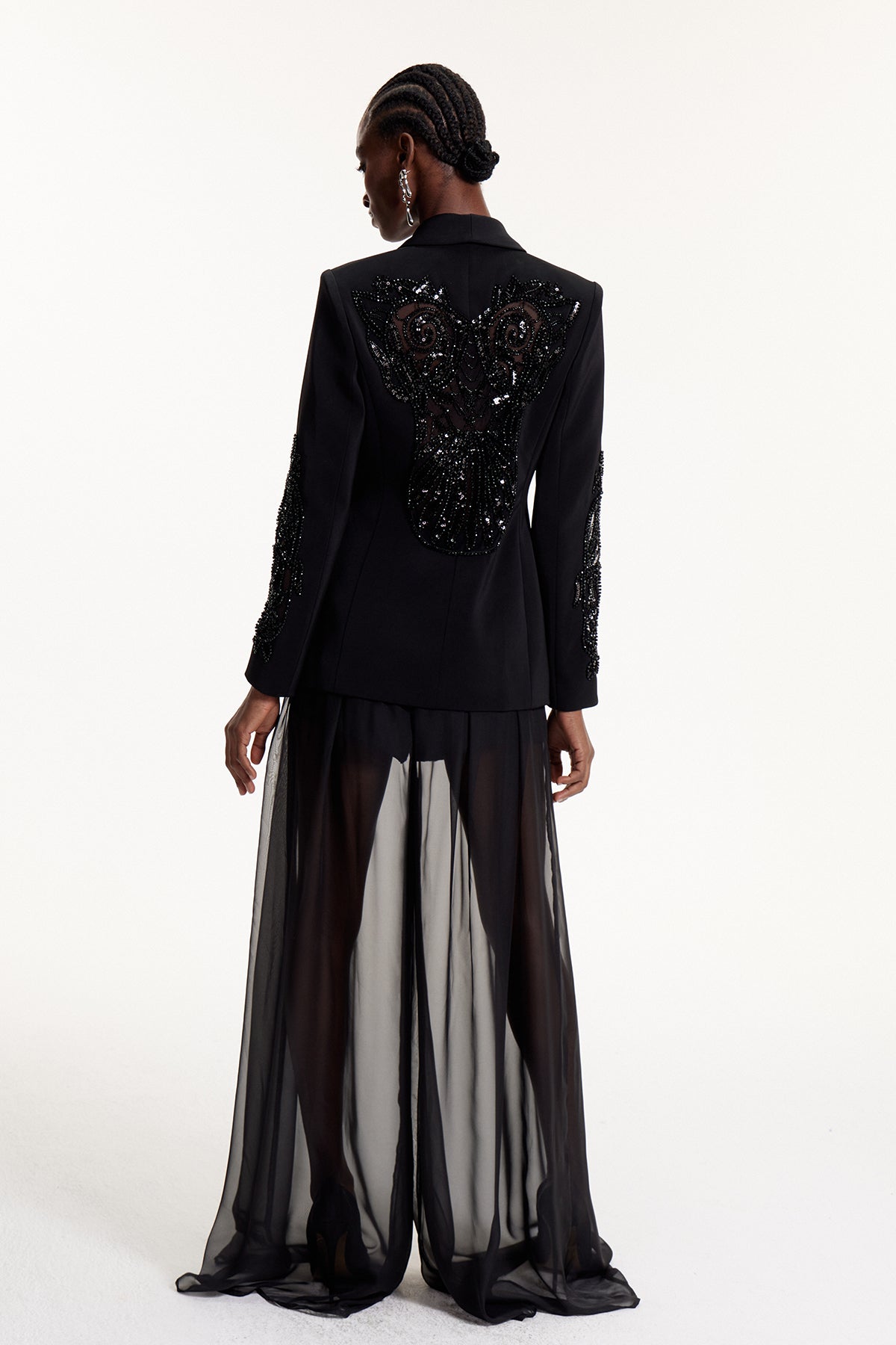 Elvia Sequin Embroidered Mesh Pants Set