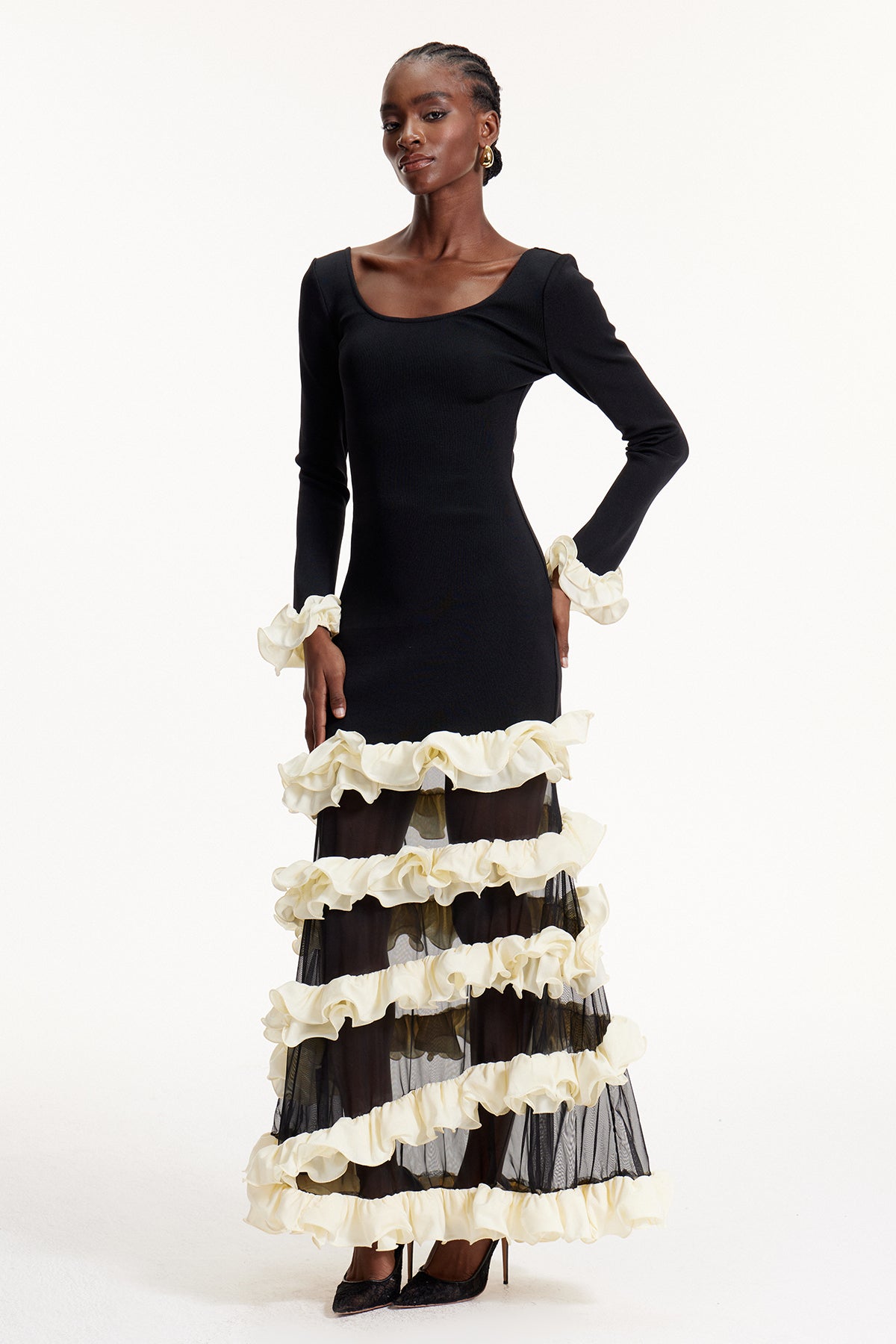 Elvio Asymmetric Mesh Ruffle Maxi Dress