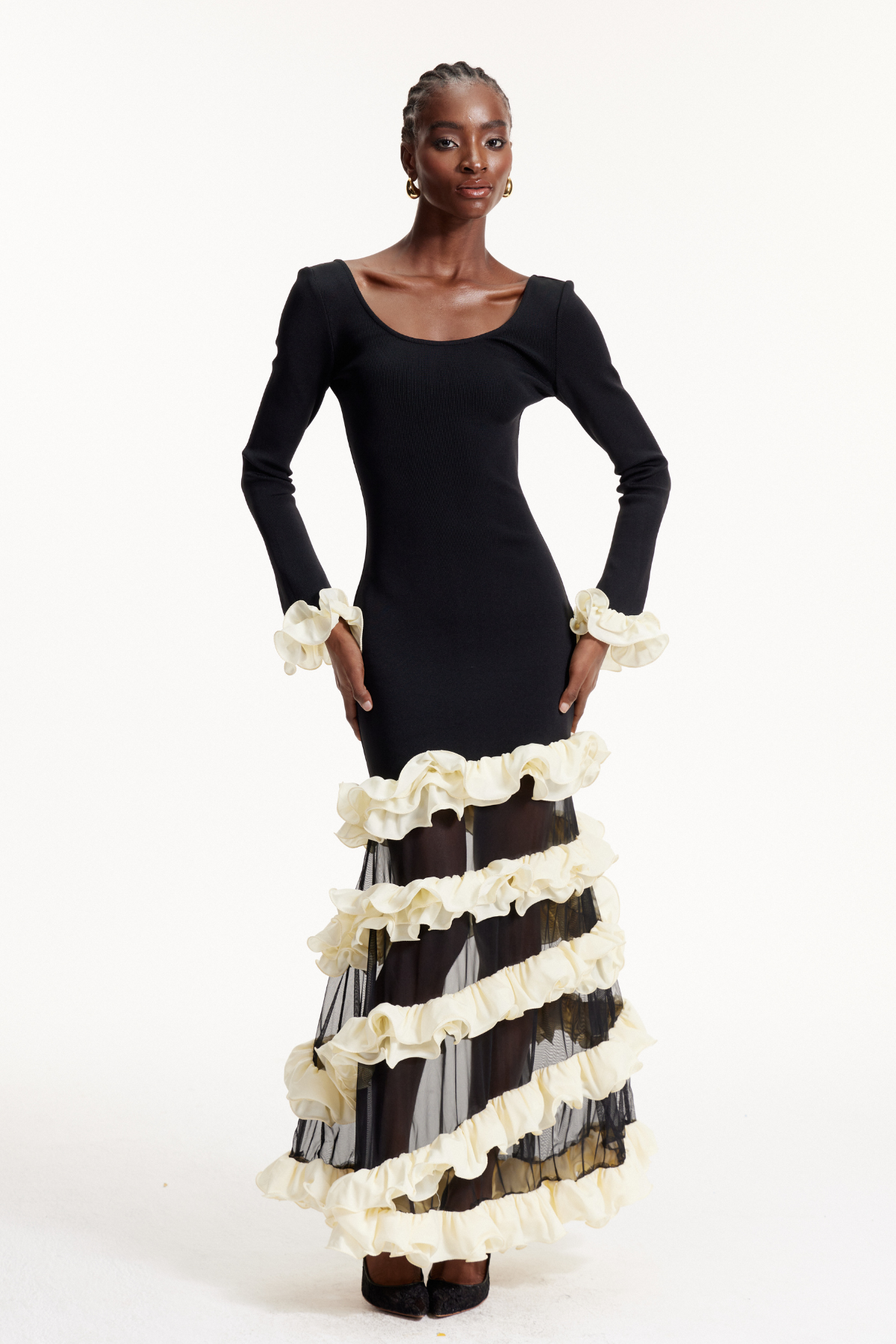 Elvio Asymmetric Mesh Ruffle Maxi Dress