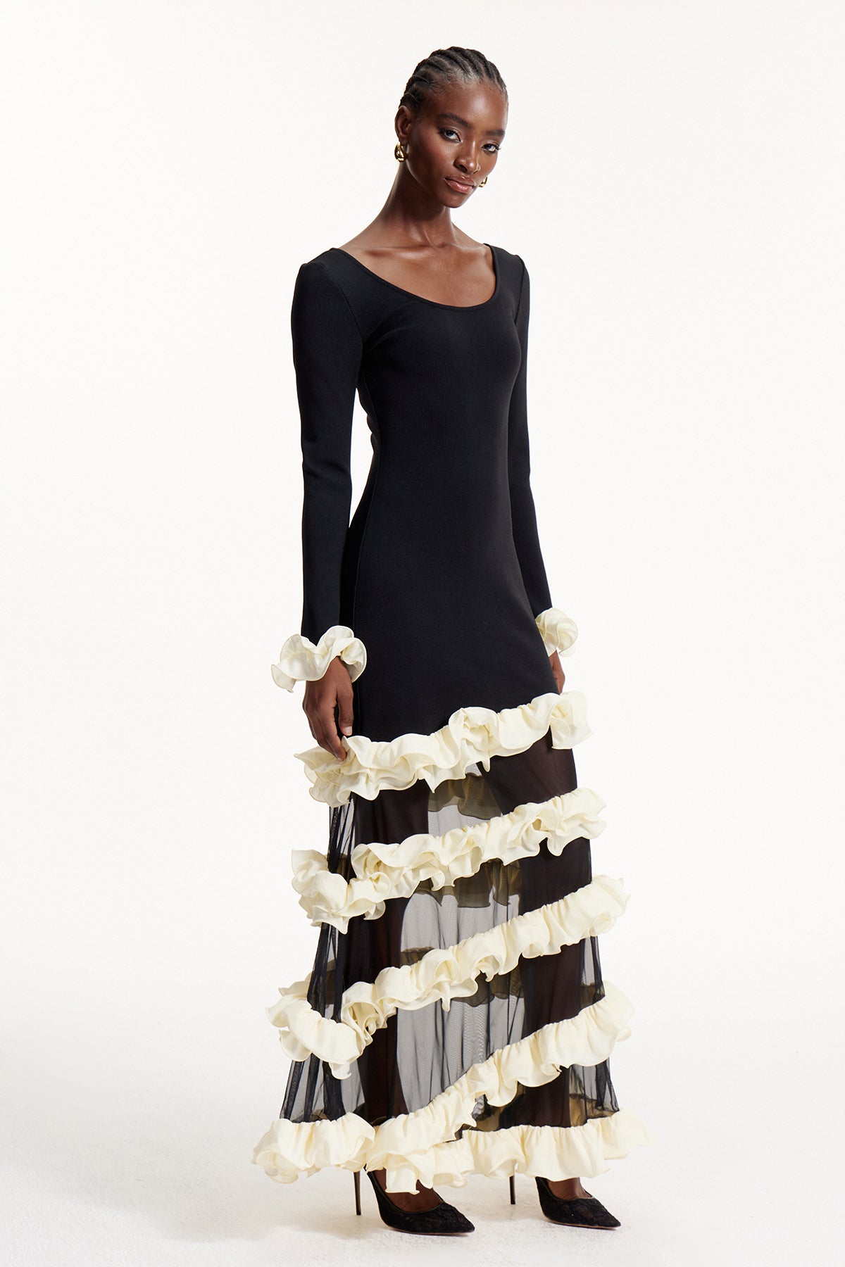 Elvio Asymmetric Mesh Ruffle Maxi Dress