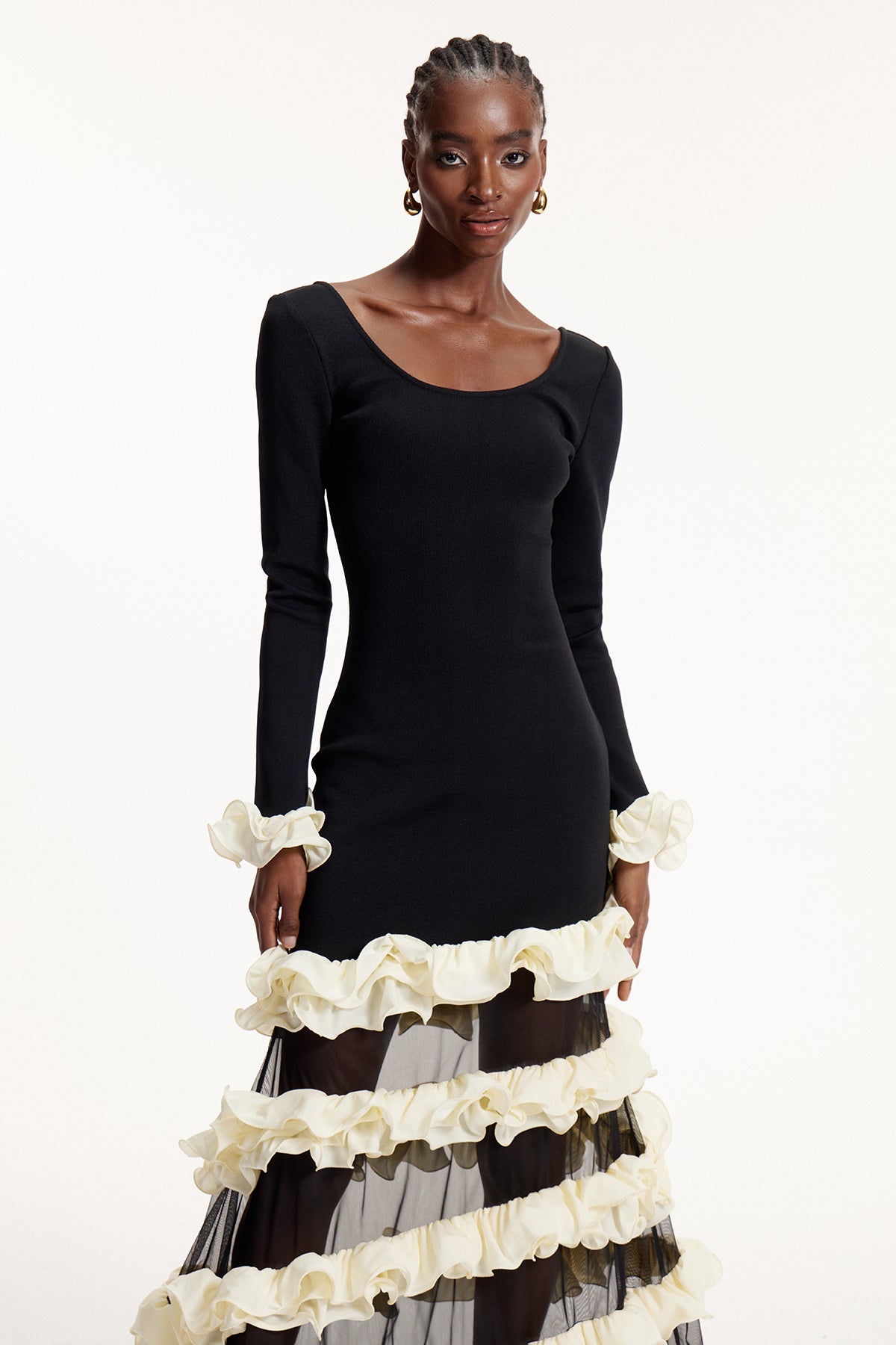 Elvio Asymmetric Mesh Ruffle Maxi Dress