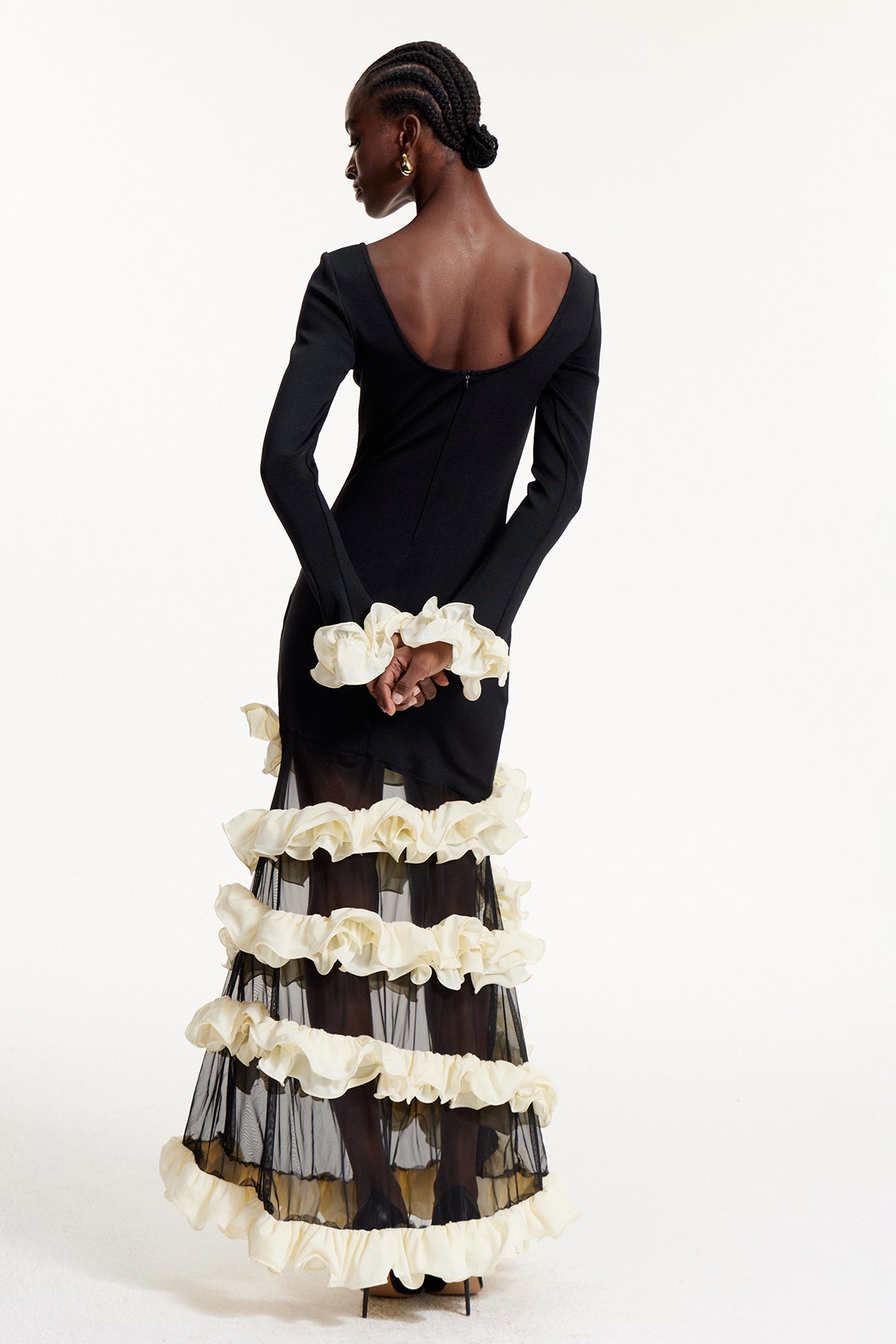 Elvio Asymmetric Mesh Ruffle Maxi Dress