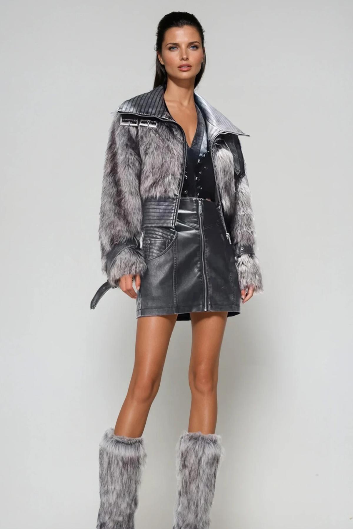 Emmeline Faux Fur Funnel Neck Jacket In Black