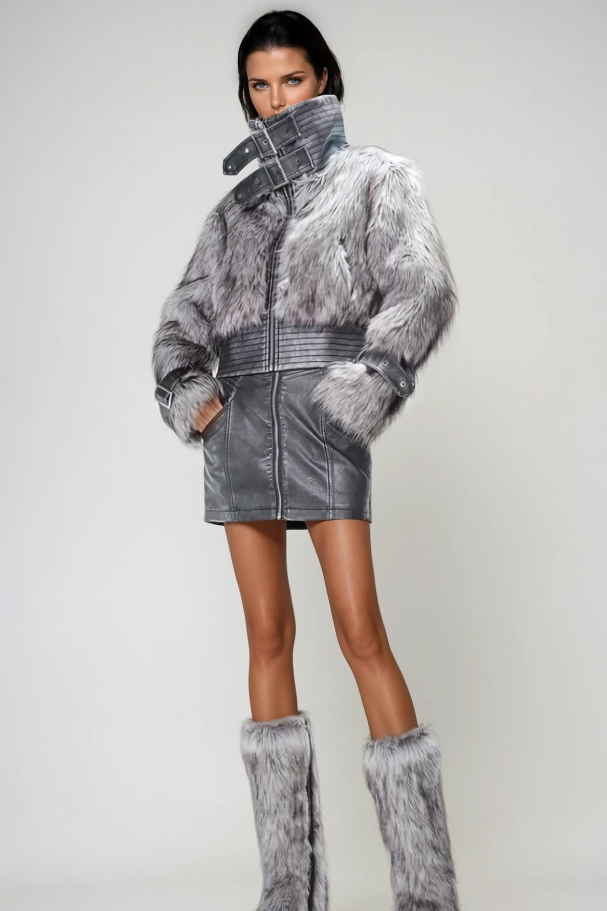 Emmeline Faux Fur Funnel Neck Jacket In Black