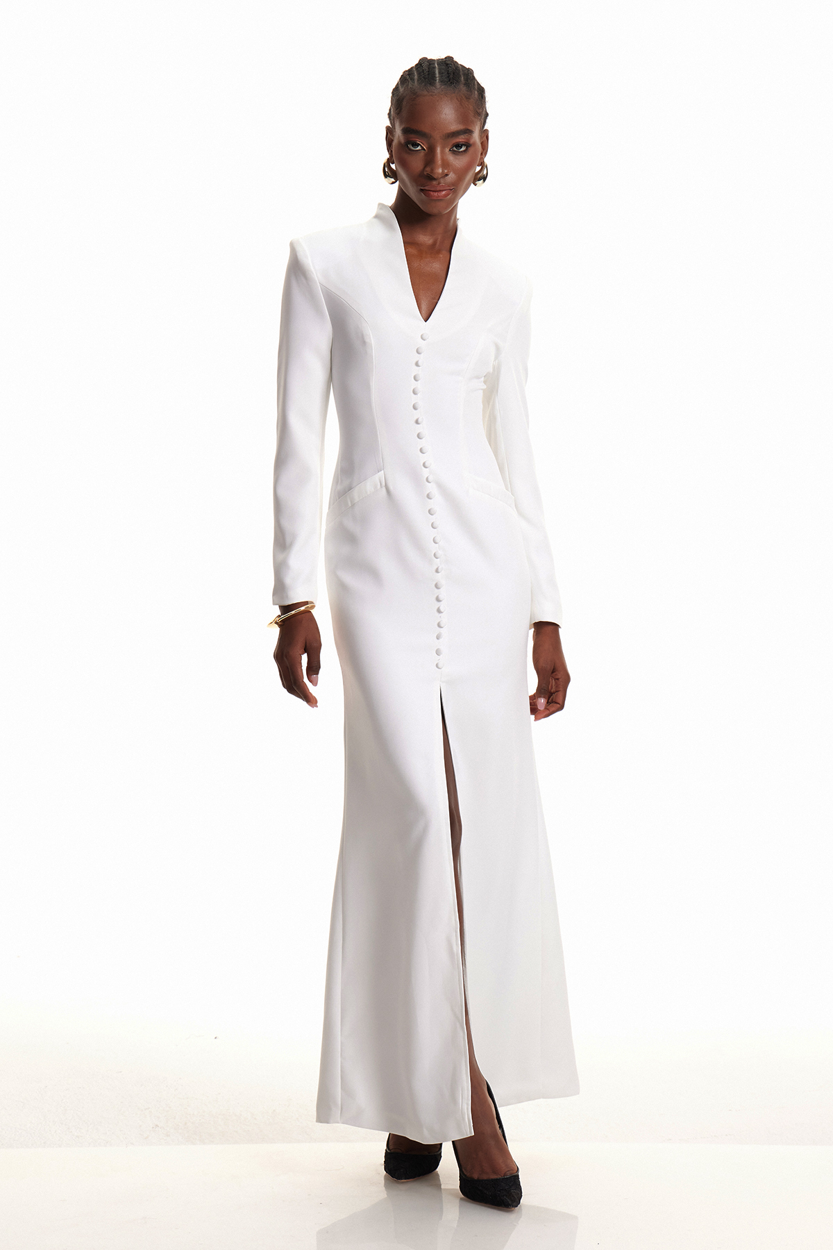 Emyr Single Breasted Maxi Dress In White