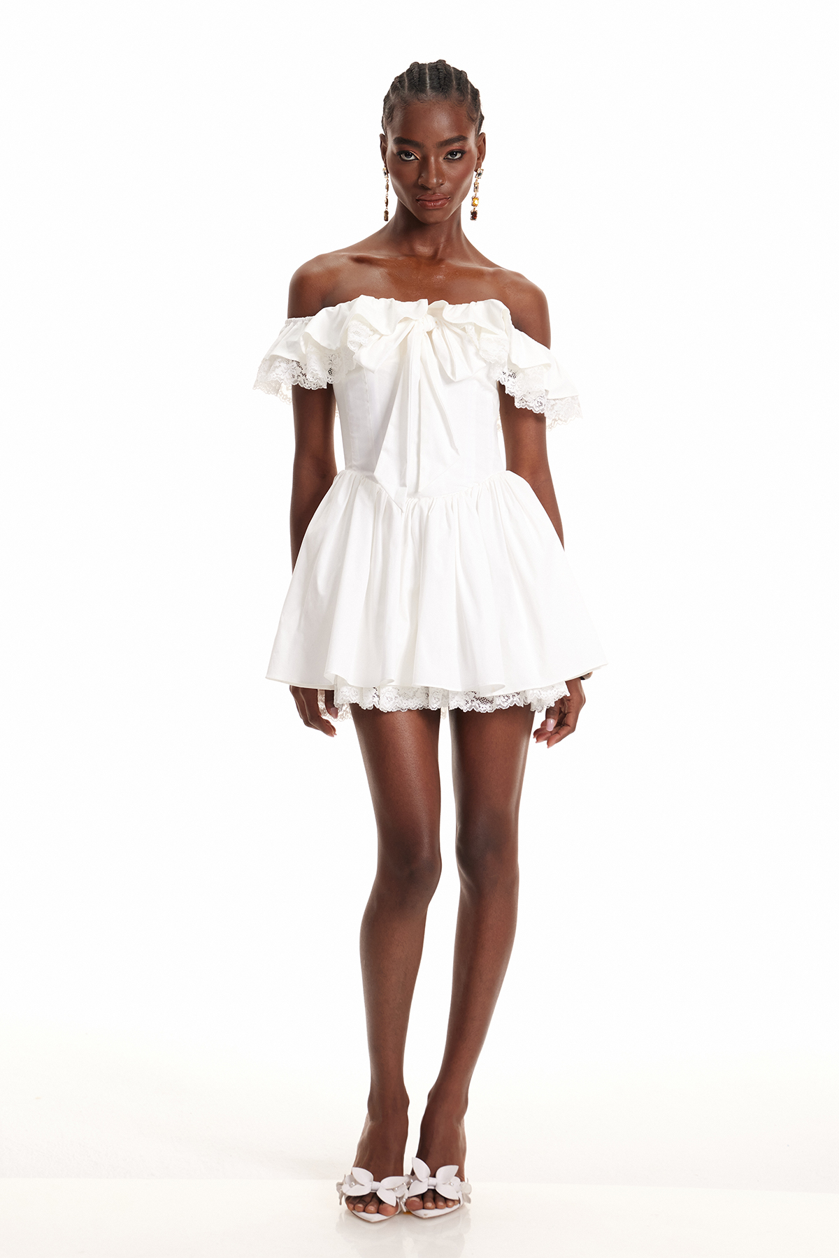 Enaitz Off Shoulder Bow Lace Mini Dress