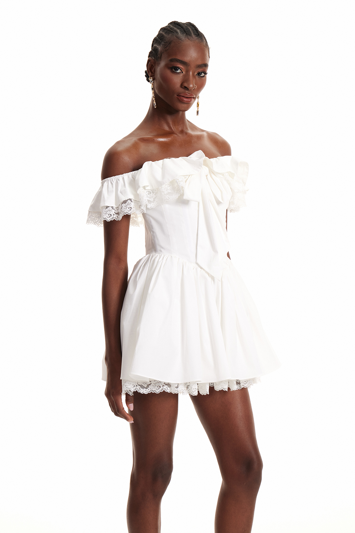 Enaitz Off Shoulder Bow Lace Mini Dress