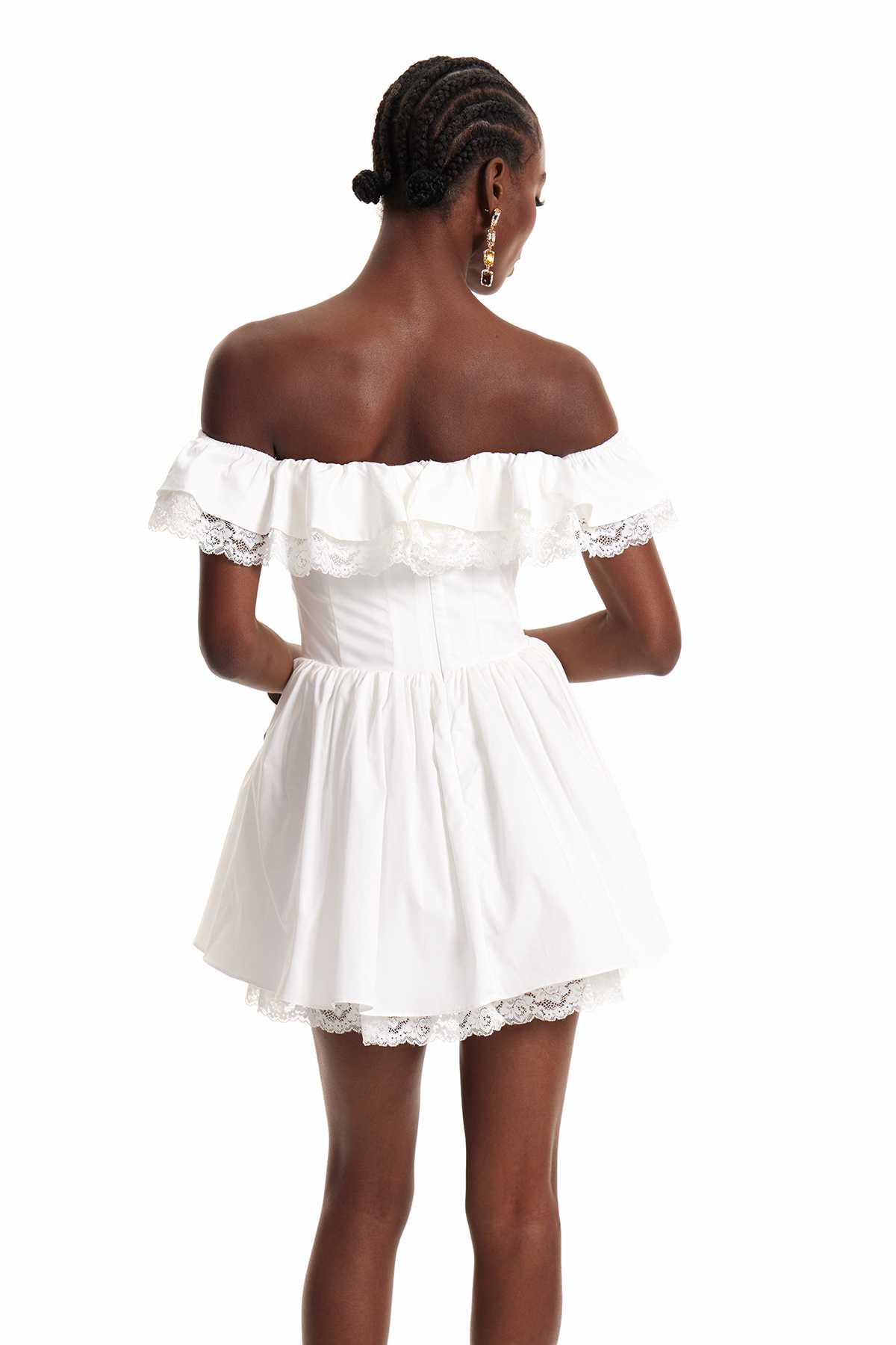 Enaitz Off Shoulder Bow Lace Mini Dress