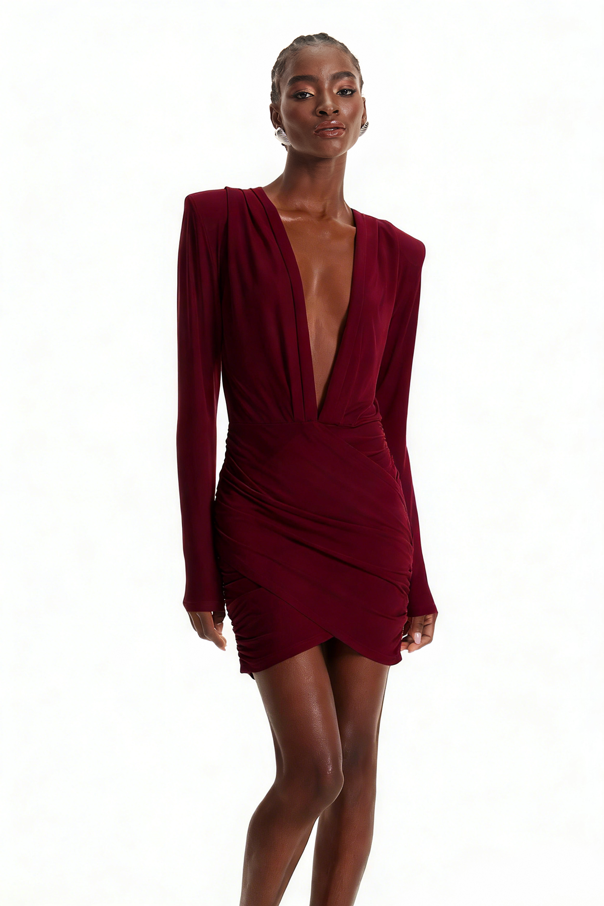 Encarni Plunge Ruch Mini Dress In Red