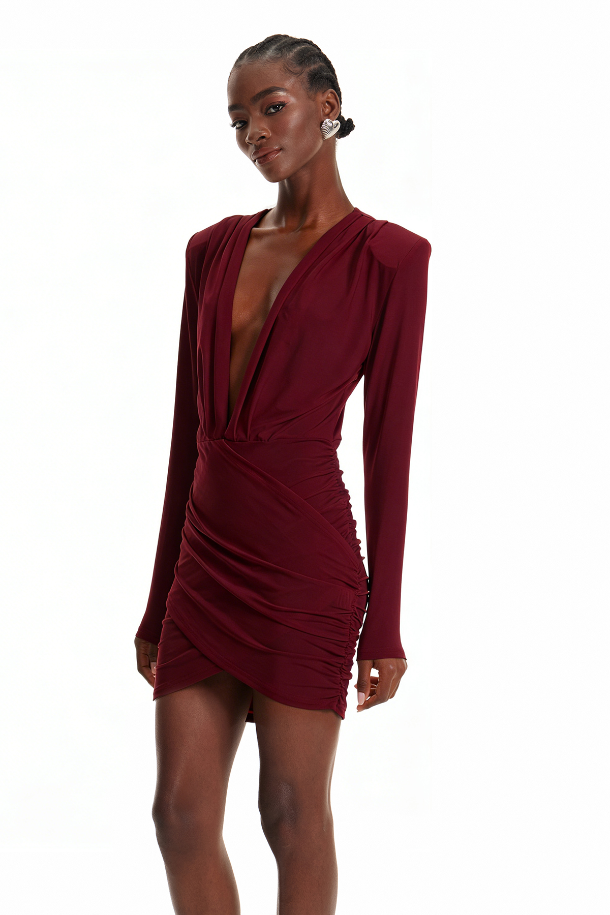 Encarni Plunge Ruch Mini Dress In Red