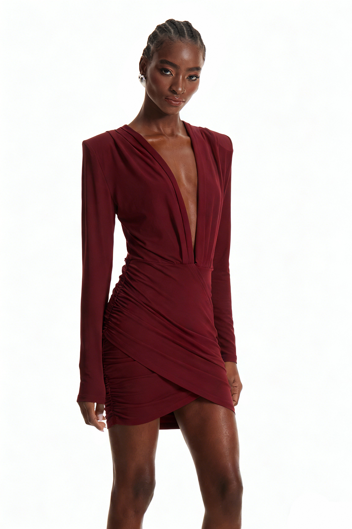 Encarni Plunge Ruch Mini Dress In Red