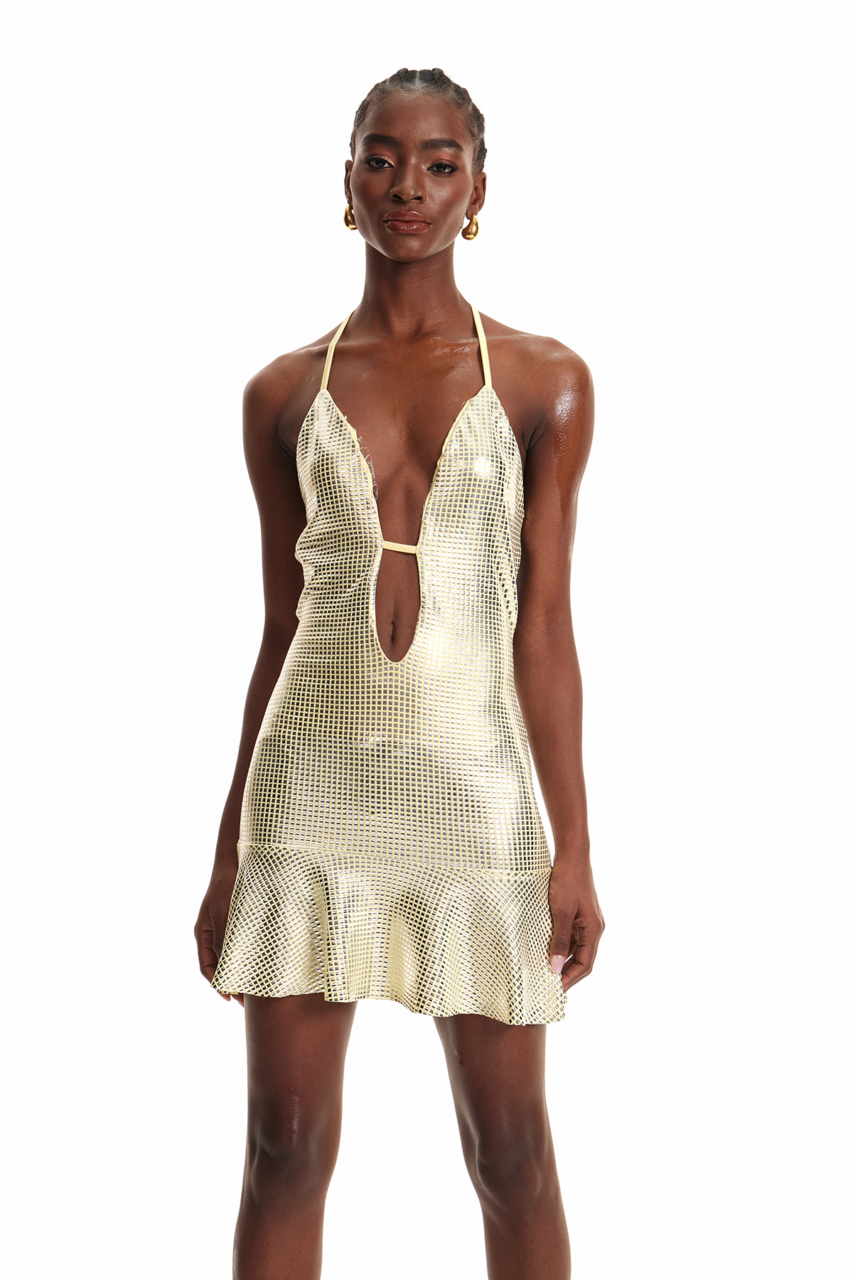 Endla Rhinestone Plunge Mini Dress