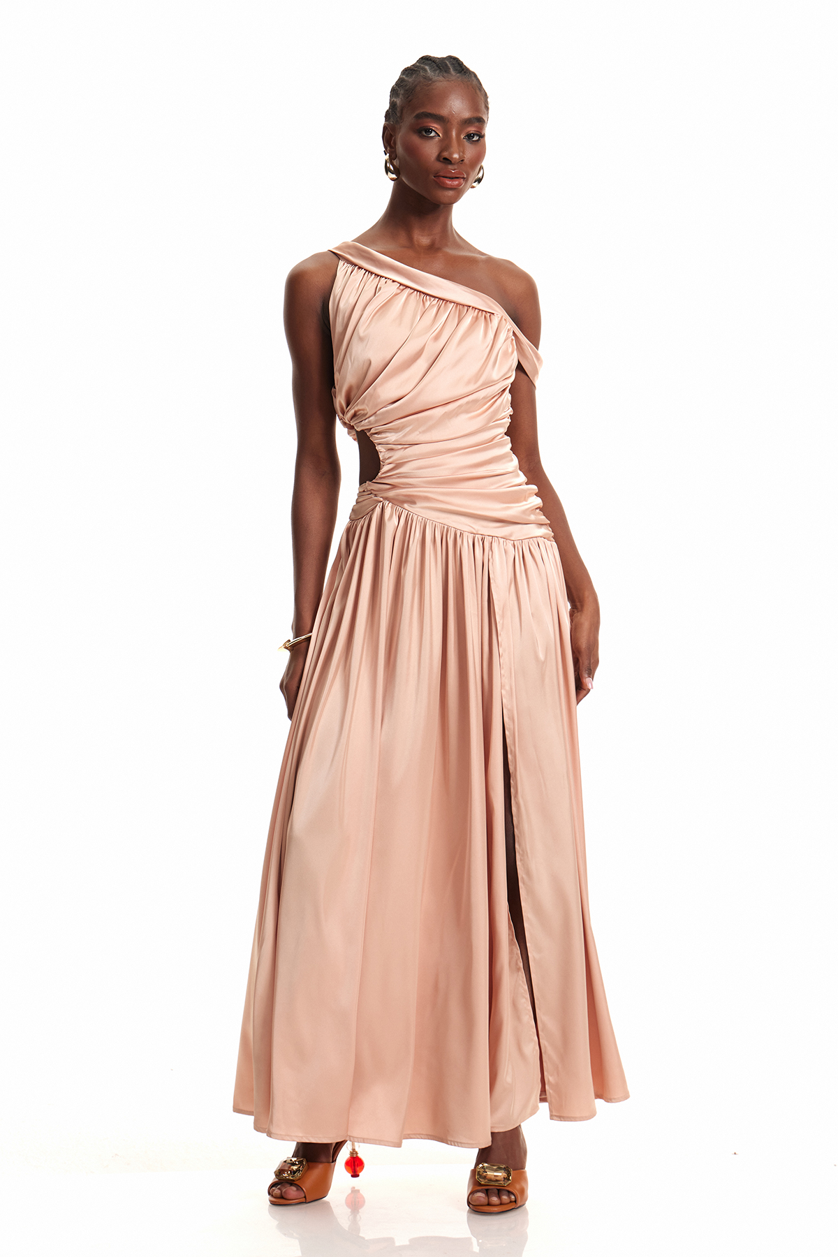 Enej One Shoulder Ruch Silky Maxi Dress