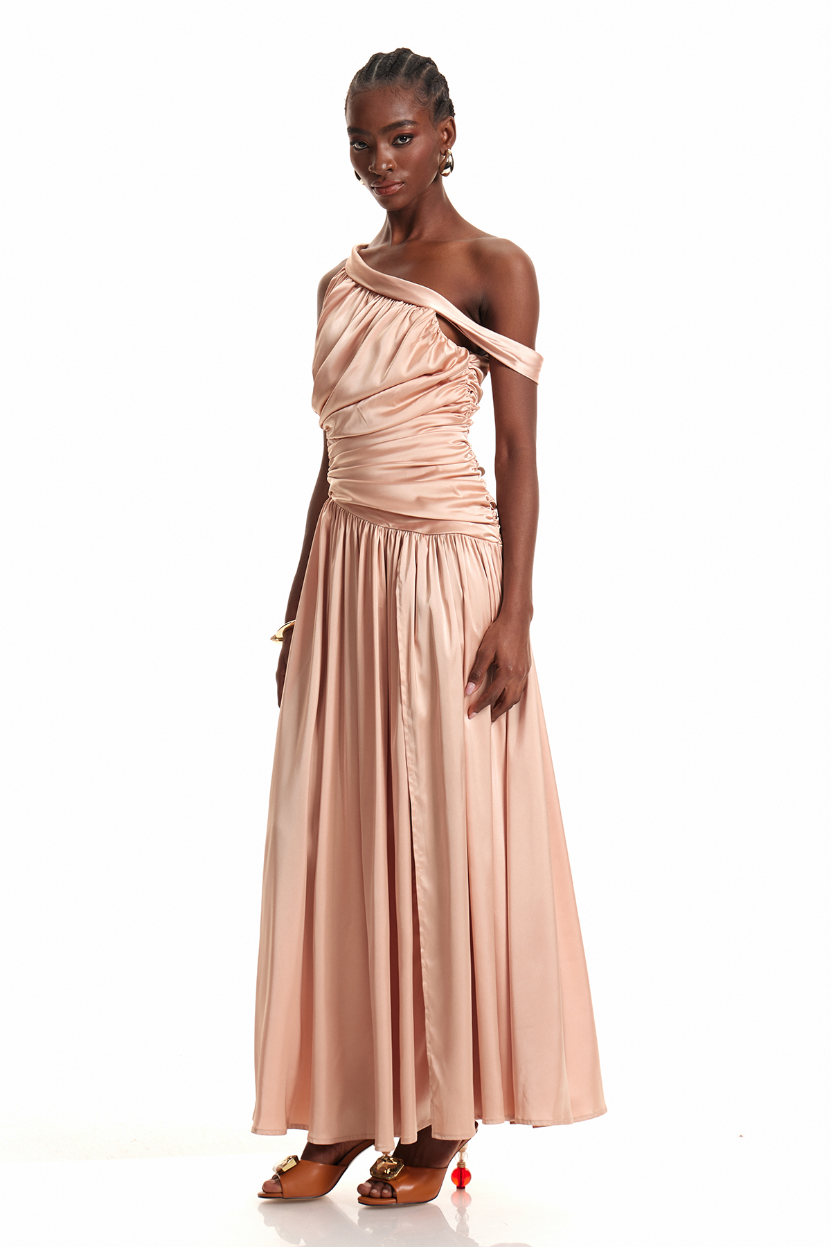 Enej One Shoulder Ruch Silky Maxi Dress