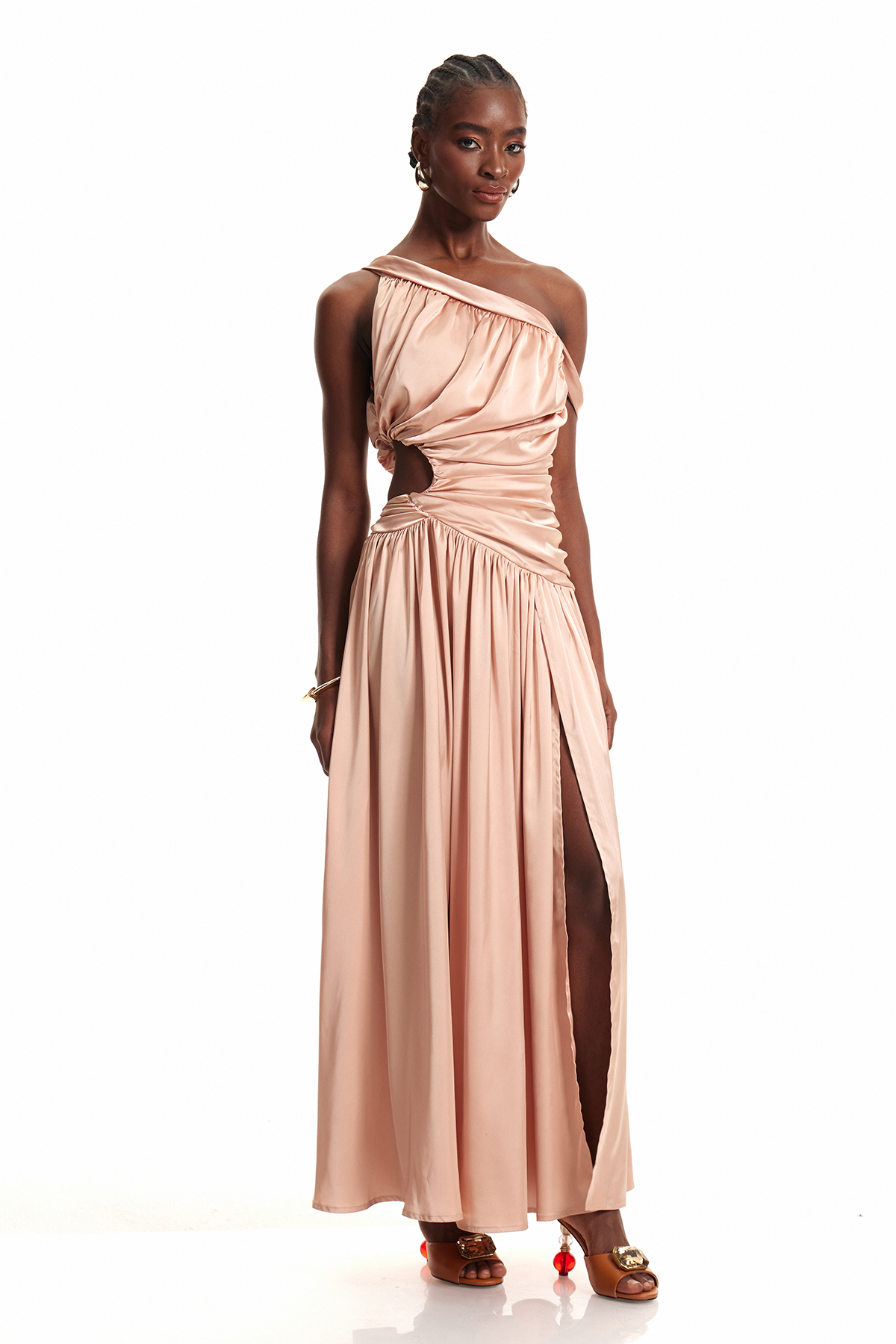 Enej One Shoulder Ruch Silky Maxi Dress