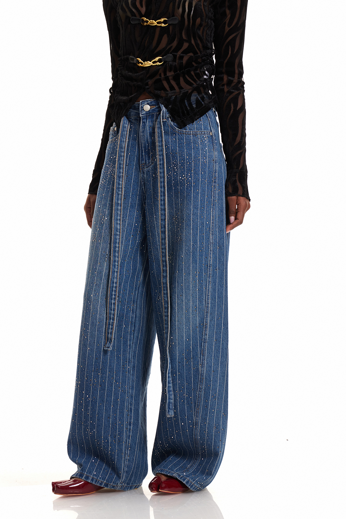Eniola Stripe Rhinestone Wide Leg Jeans