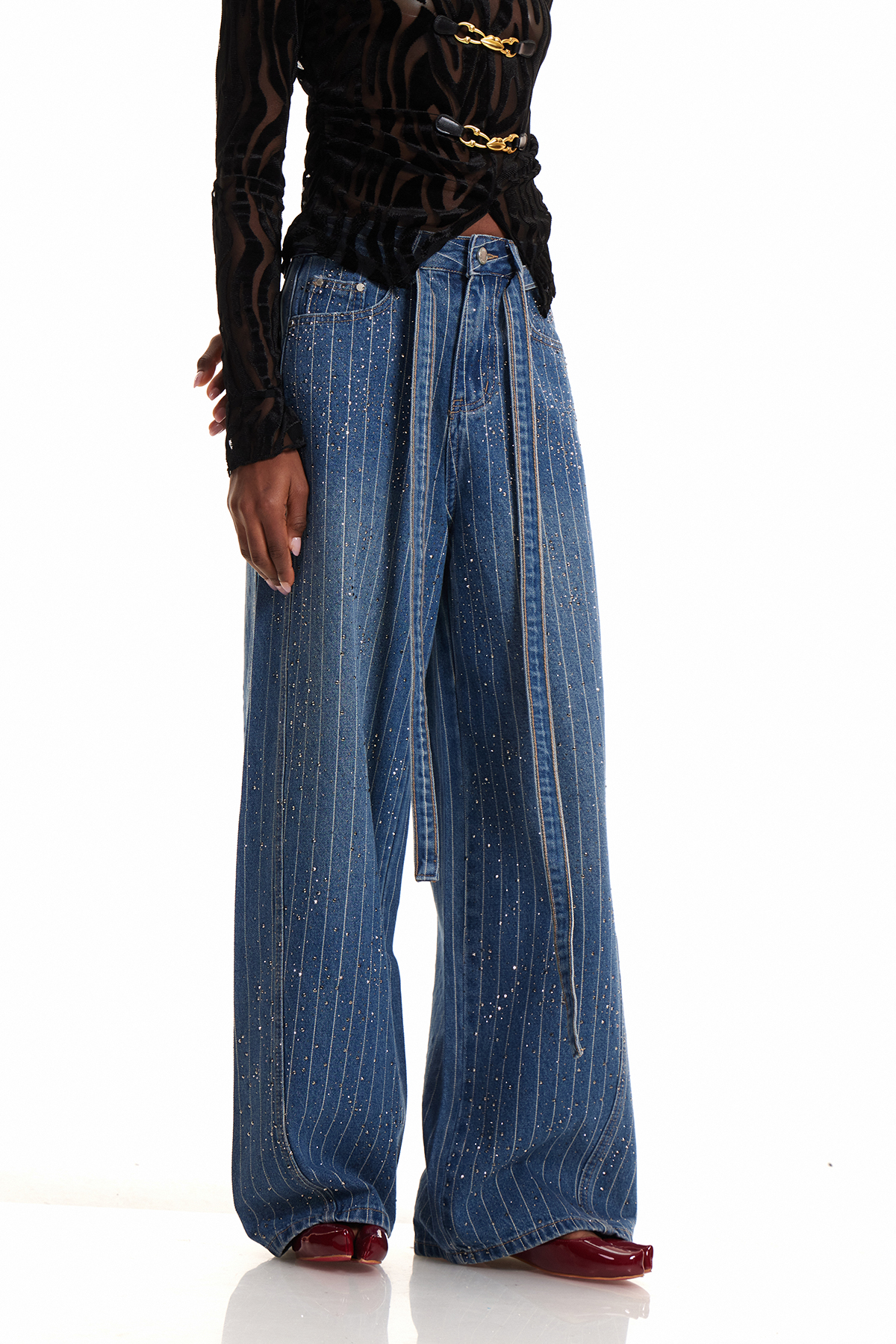 Eniola Stripe Rhinestone Wide Leg Jeans