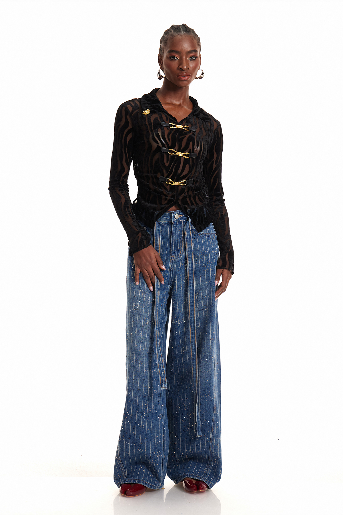 Eniola Stripe Rhinestone Wide Leg Jeans