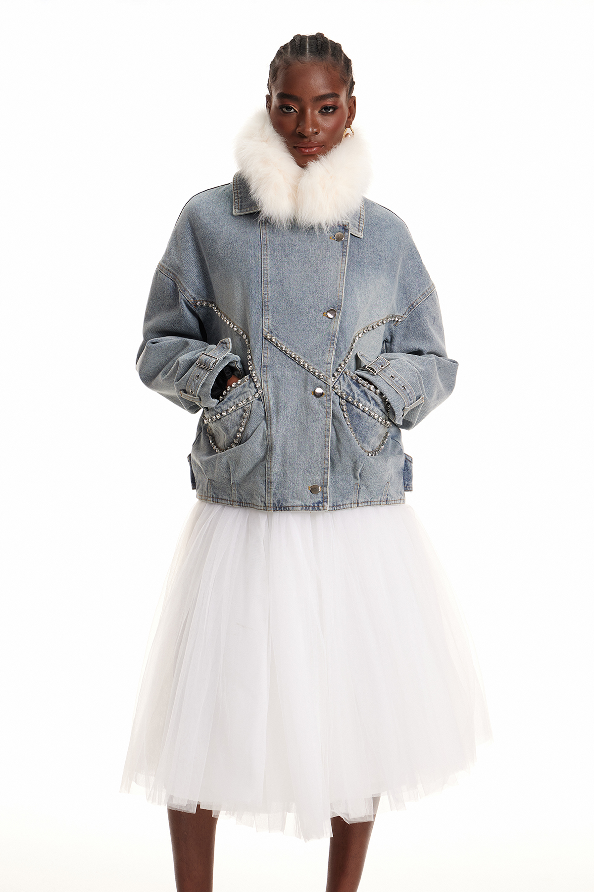 Enisa Crystal Faux Fur Denim Jacket