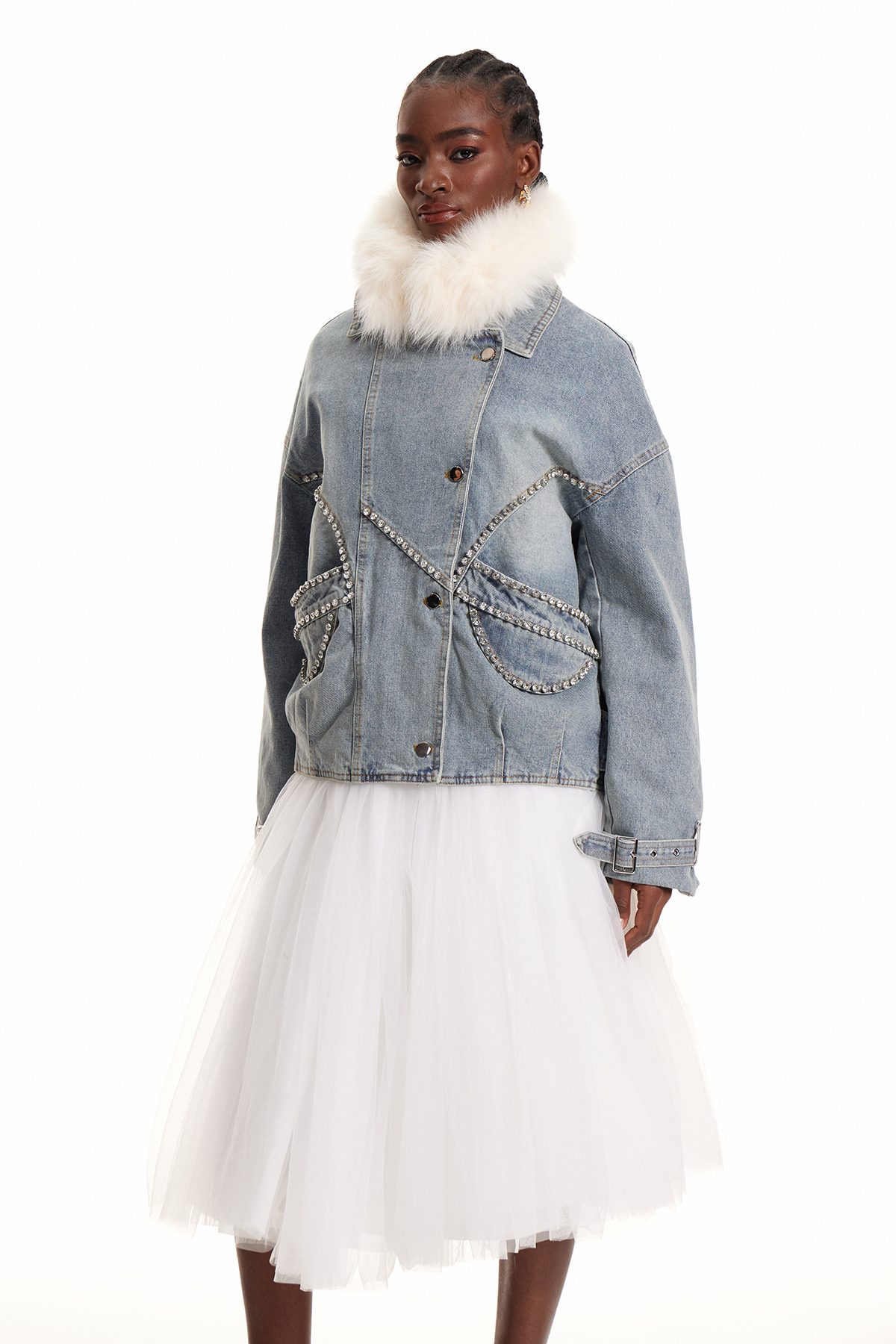 Enisa Crystal Faux Fur Denim Jacket