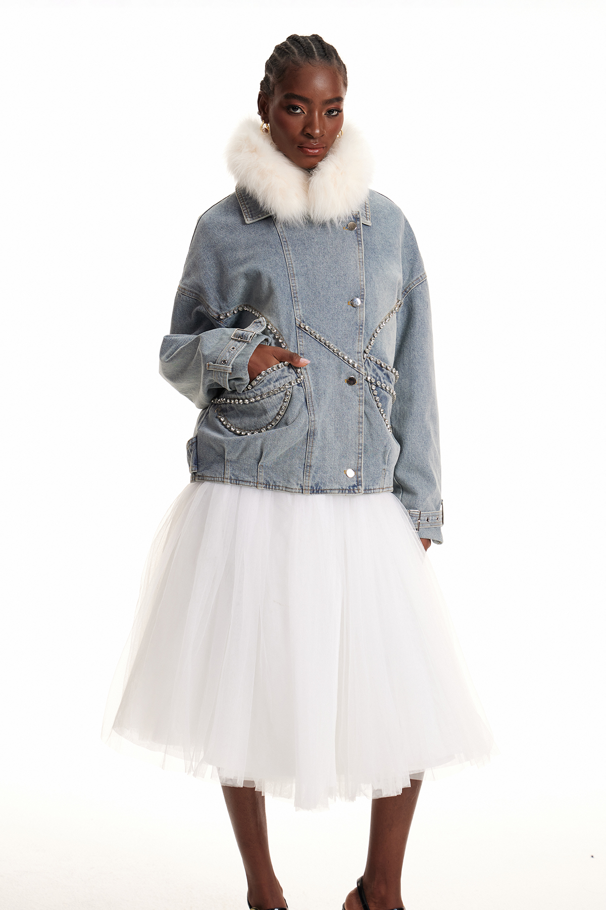 Enisa Crystal Faux Fur Denim Jacket