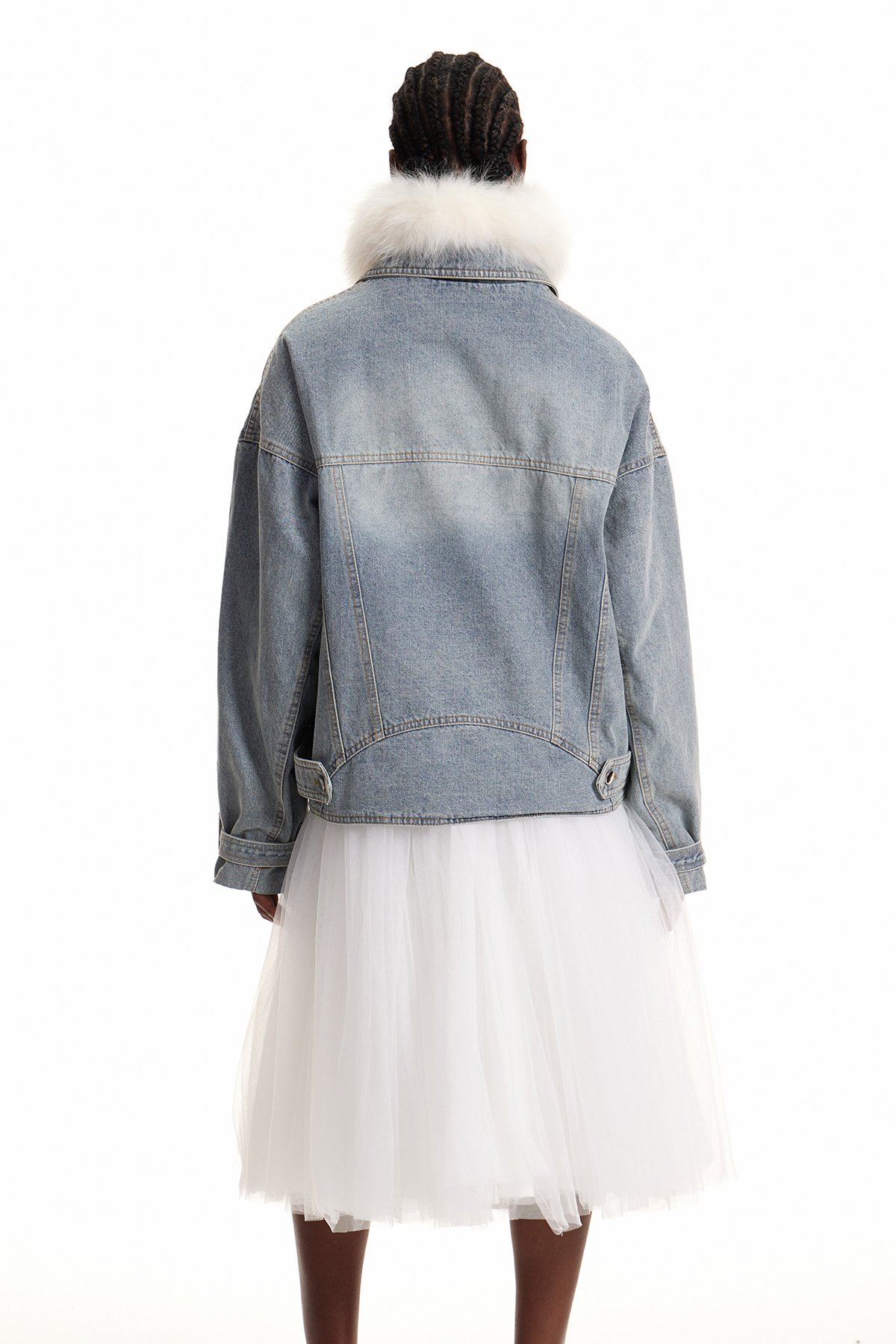 Enisa Crystal Faux Fur Denim Jacket