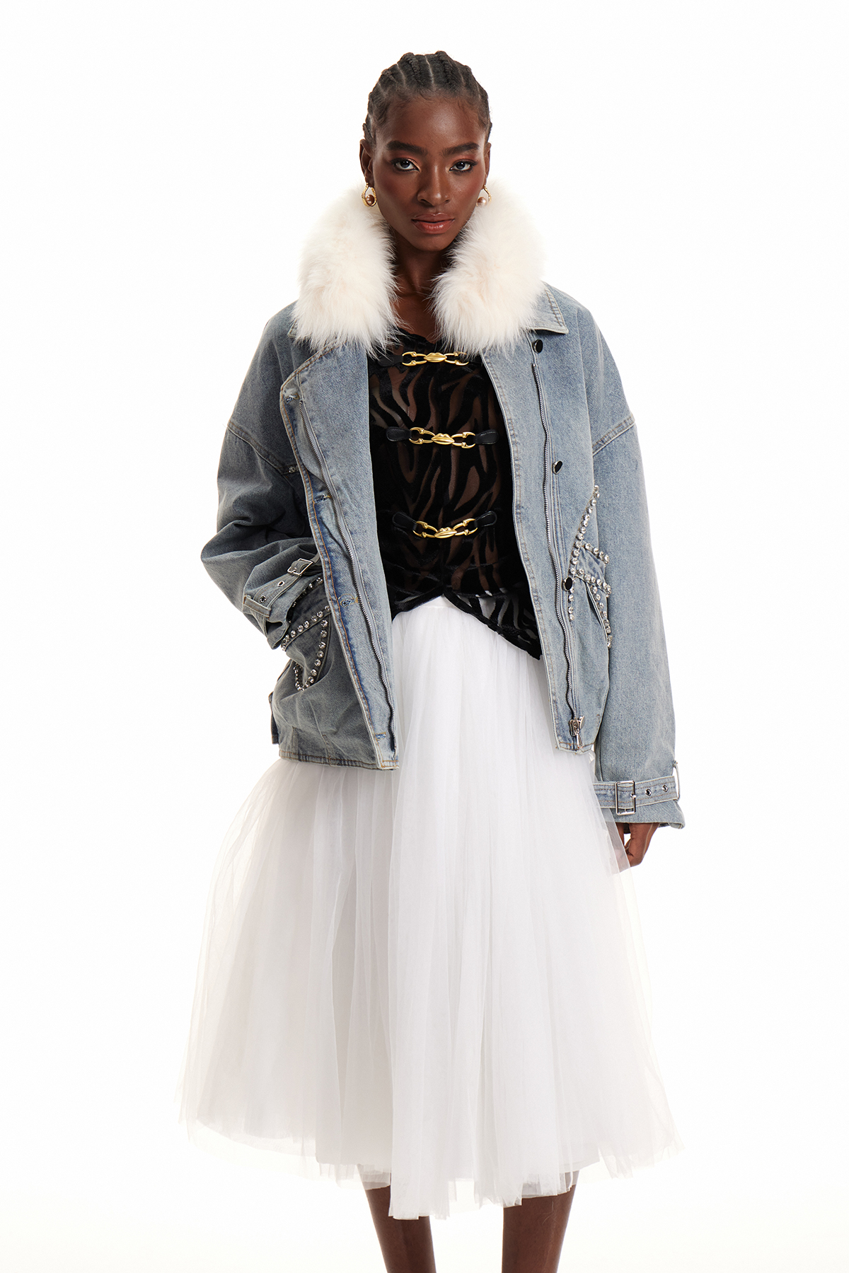 Enisa Crystal Faux Fur Denim Jacket