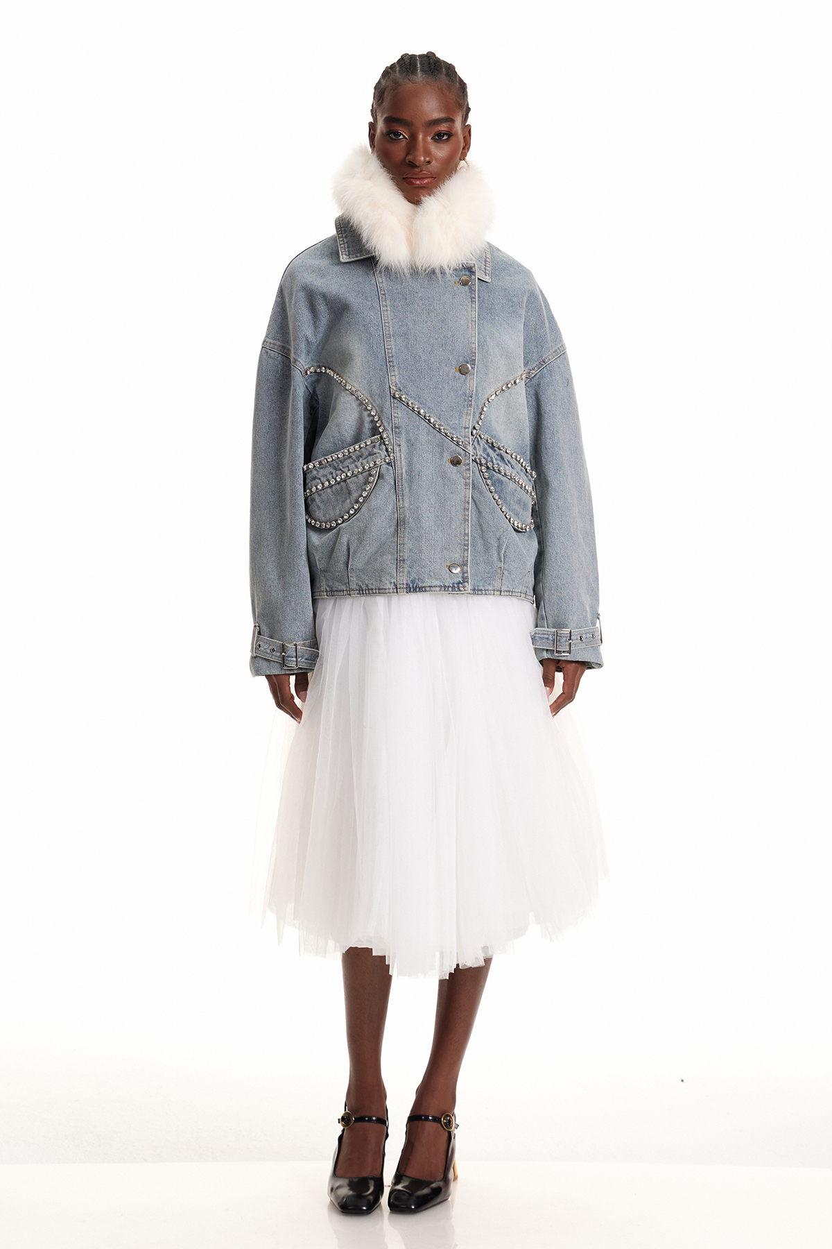 Enisa Crystal Faux Fur Denim Jacket
