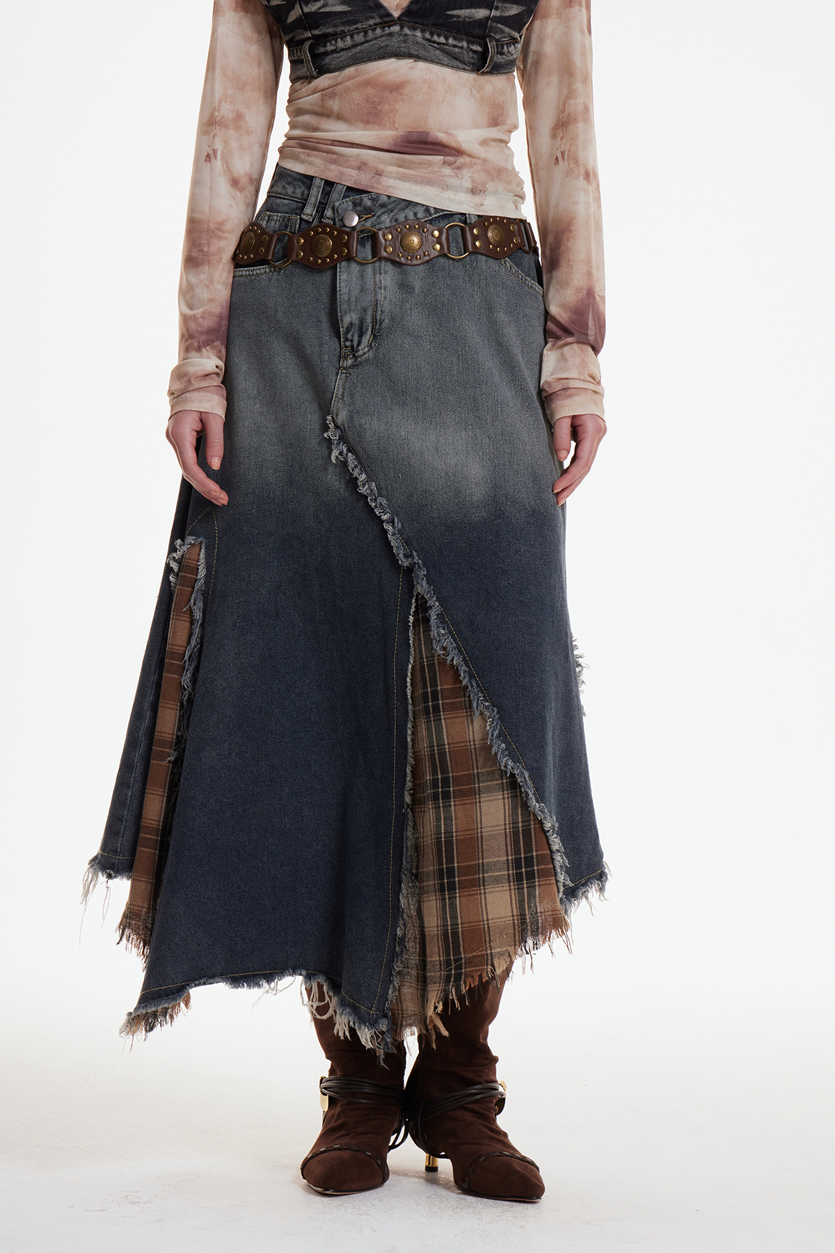 Enitan Asymmetric Fringe Grid Maxi Skirt