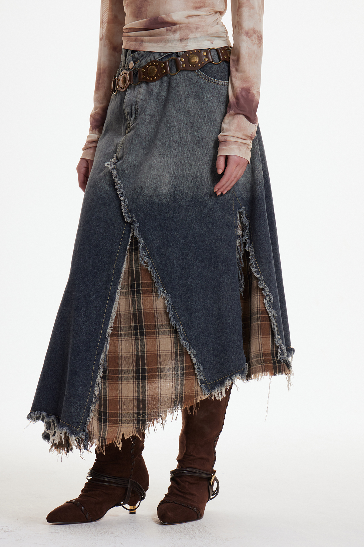 Enitan Asymmetric Fringe Grid Maxi Skirt